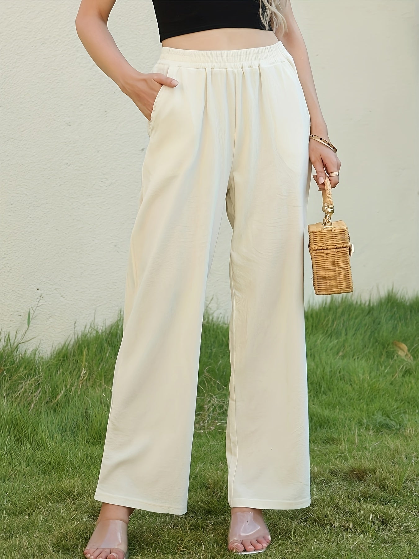 Antmvs Solid Wide Leg Elastic Waist Pants, Casual Dual Pockets Loose Pants, Women's Clothing