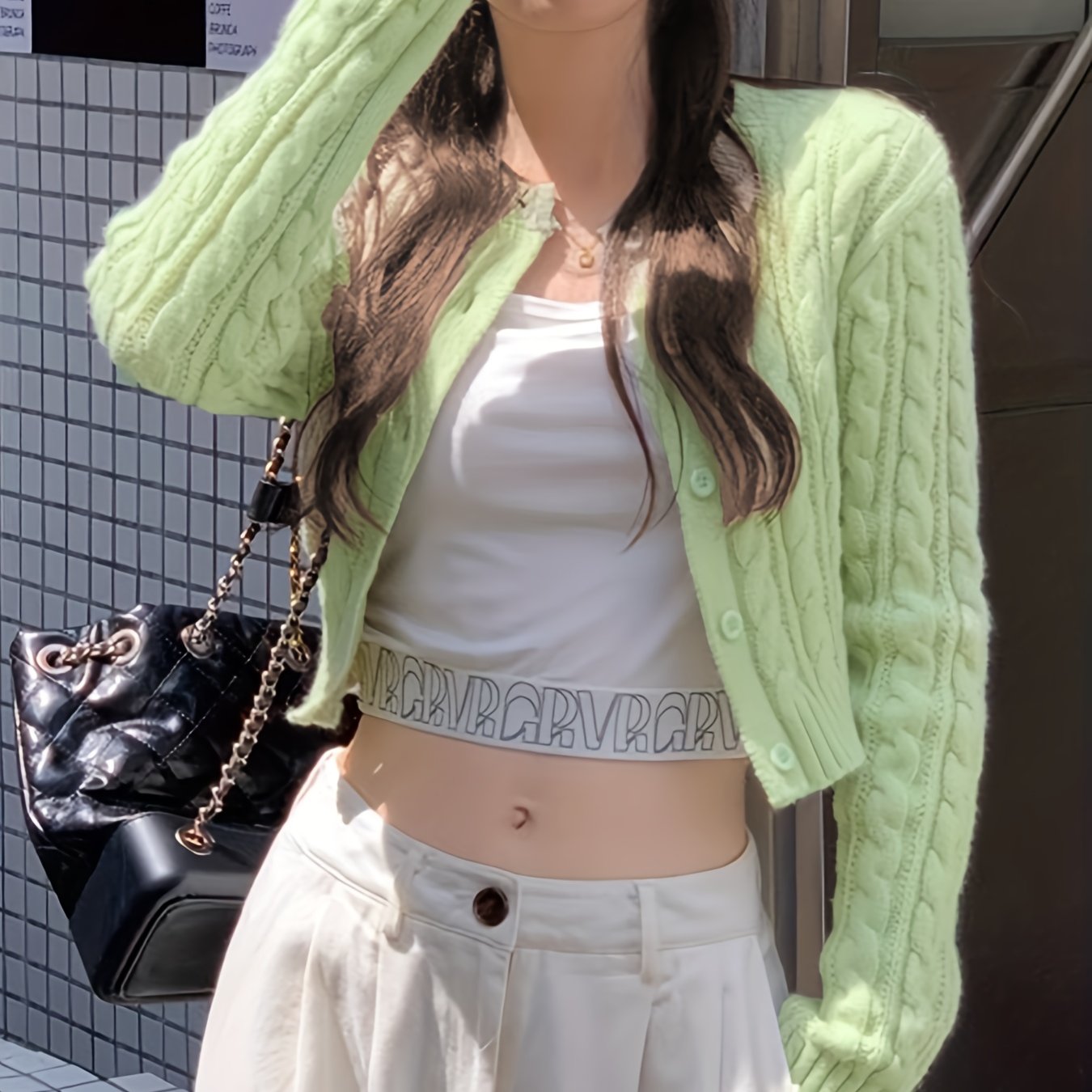Antmvs Y2K Solid Button Up Cable Knit Cardigan, Casual Long Sleeve Crop Sweater, Women's Clothing