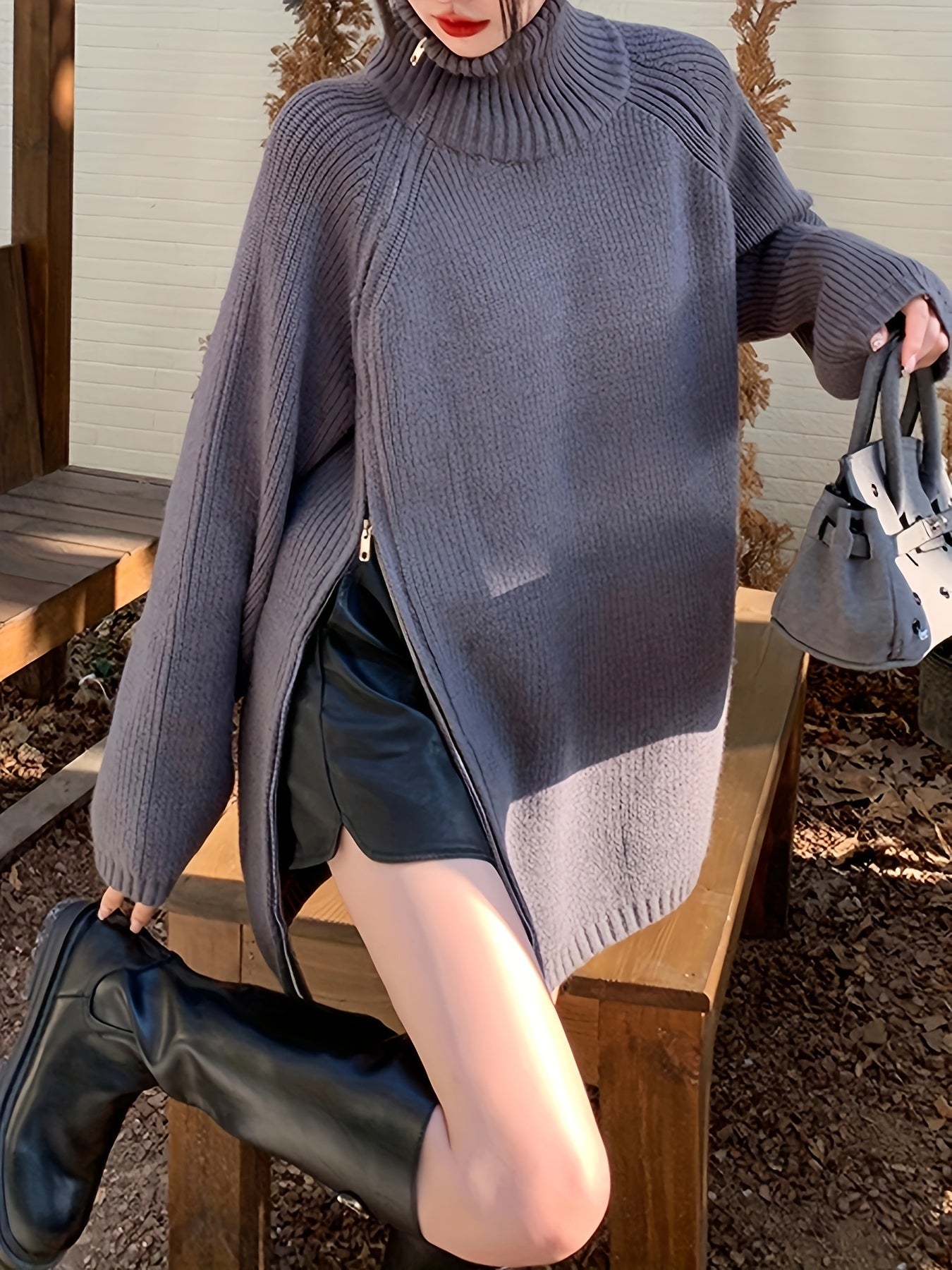 Antmvs Solid Zip Up Oversized Pullover Sweater, Casual Turtle Neck Long Sleeve Sweater, Women's Clothing