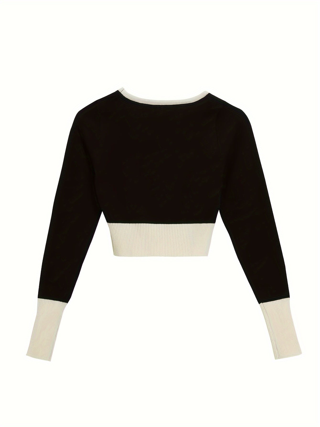 Antmvs Color Block Scoop Neck Knitted Top, Vintage Long Sleeve Crop Fashion Sweater, Women's Clothing