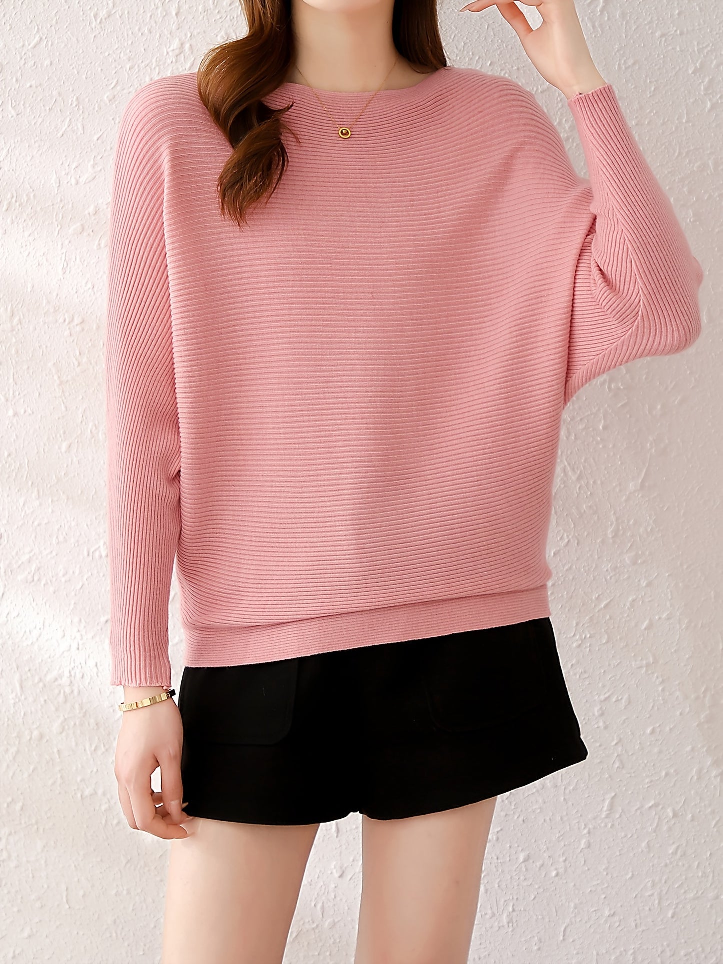 Antmvs Solid Batwing Sleeve Knit Sweater, Casual Boat Neck Sweater For Spring & Fall, Women's Clothing