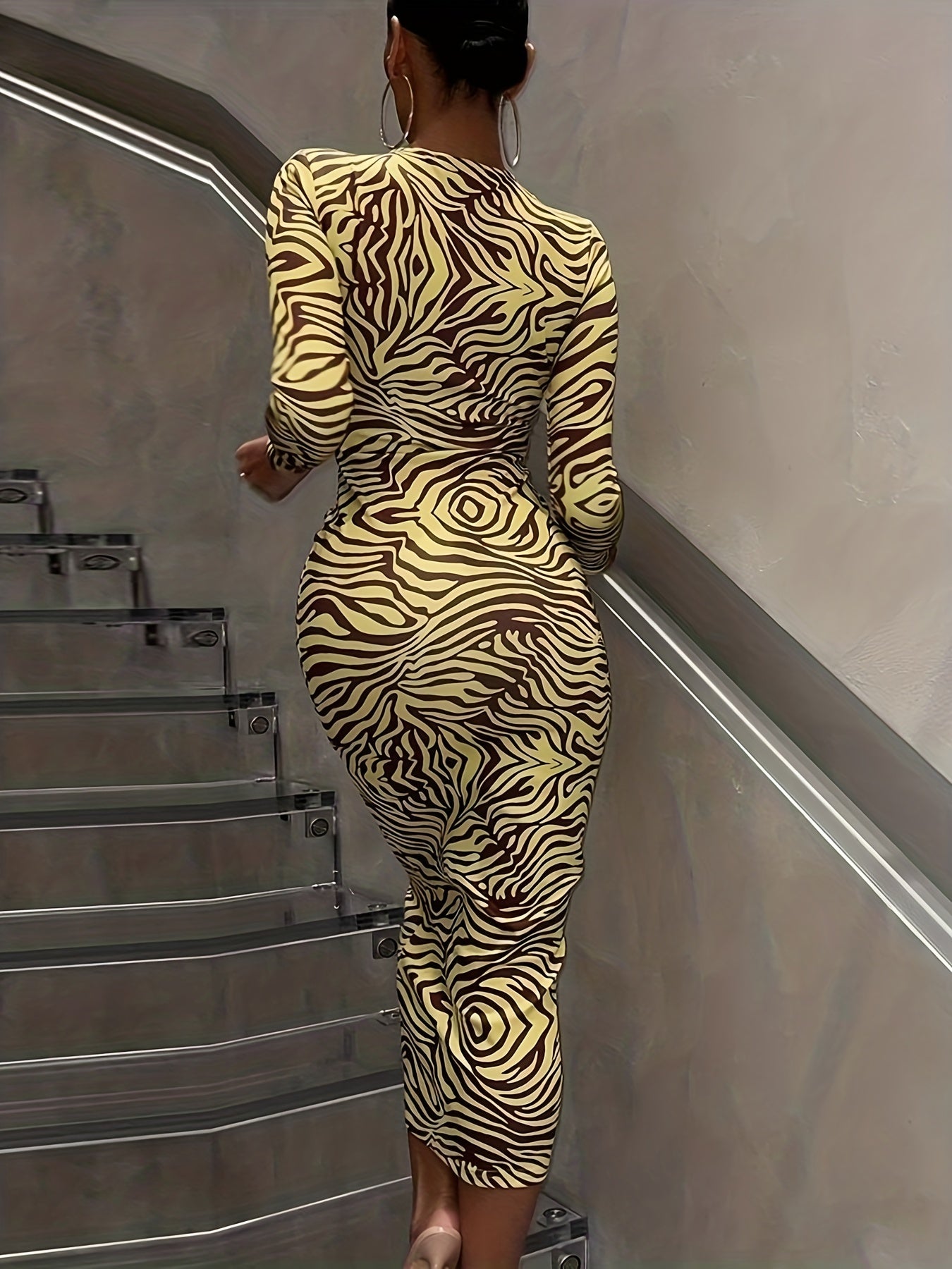 Antmvs Geo Print Bodycon Dress, Tie Front Long Sleeve Midi Dress, Women's Clothing
