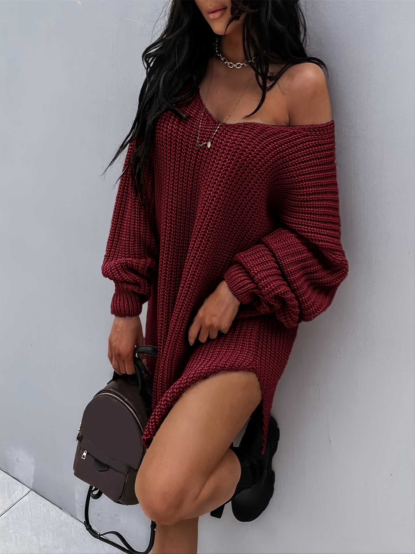 Antmvs Lantern Sleeve Knitted V-neck Sweater, Autumn And Winter New Knitted V-neck Sweater, Women's Clothing