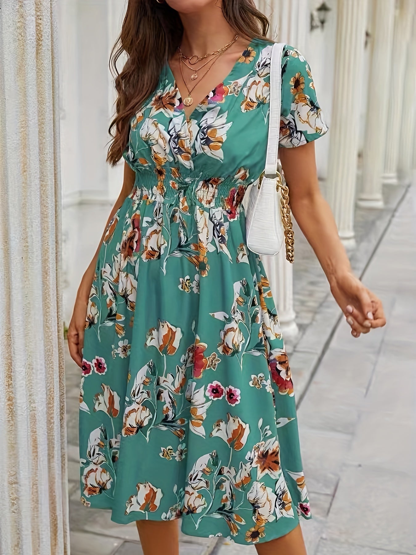 Antmvs Floral Print Shirred Waist Dress, Casual V Neck Short Sleeve Dress For Spring & Summer, Women's Clothing