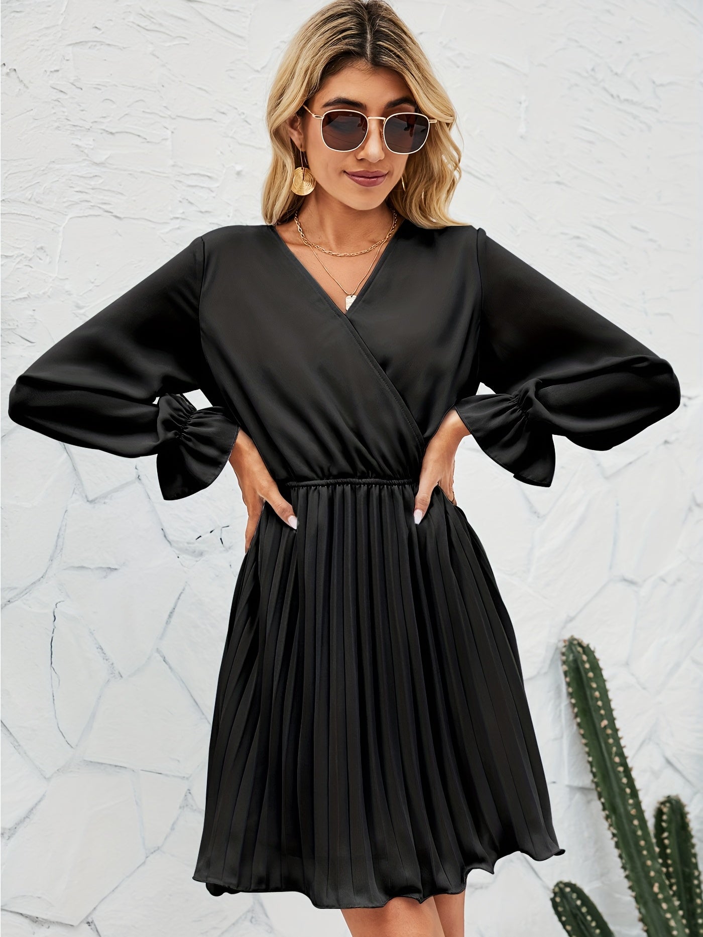 Antmvs Surplice Neck Pleated Dress, Elegant Long Sleeve Dress For Spring & Fall, Women's Clothing