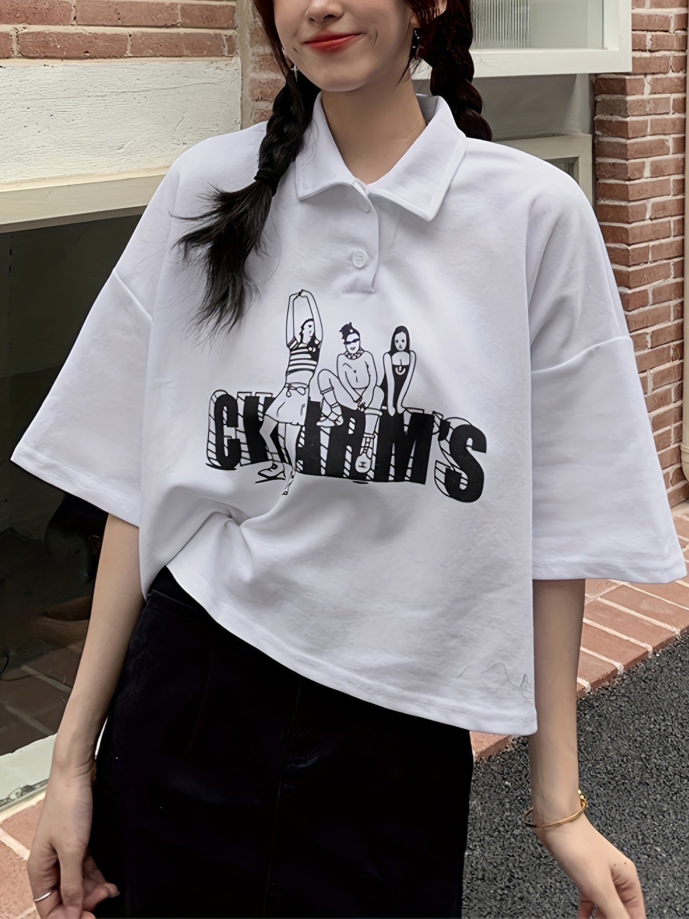Antmvs Figure & Letter Print Button Front T-Shirt, Casual Short Sleeve Lapel T-Shirt For Spring & Summer, Women's Clothing