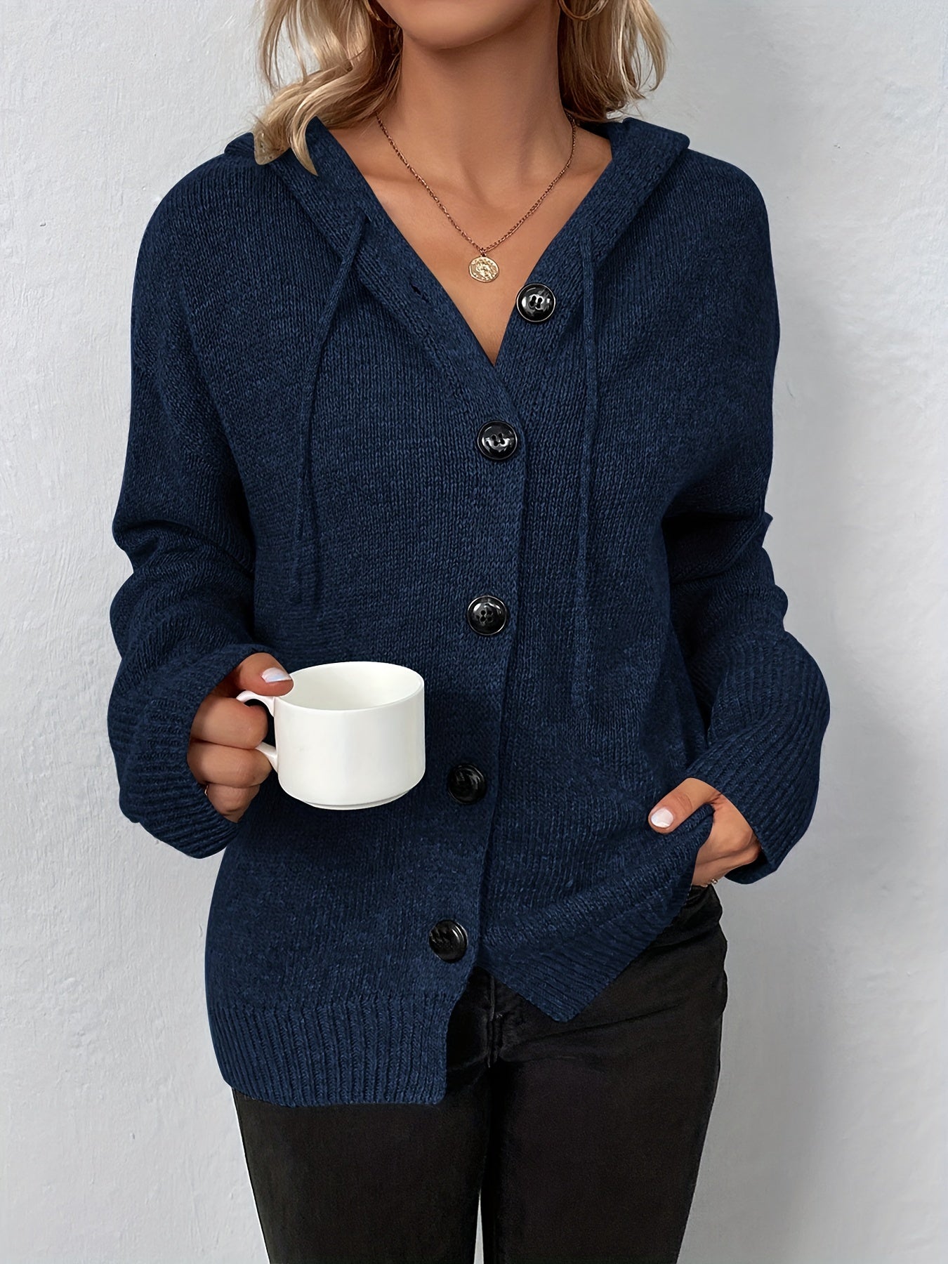 Antmvs Button Up Drawstring Hooded Cardigan, Causal Solid Long Sleeve Cardigan For Spring & Fall, Women's Clothing