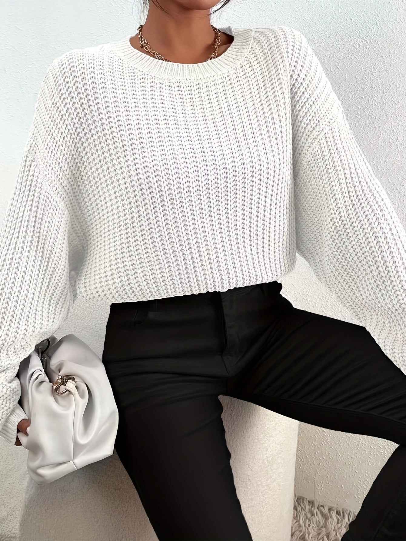 Antmvs Crew Neck Rib Knit Sweater, Casual Drop Shoulder Oversized Long Sleeve Loose Fall Winter Knit Sweater, Women's Clothing