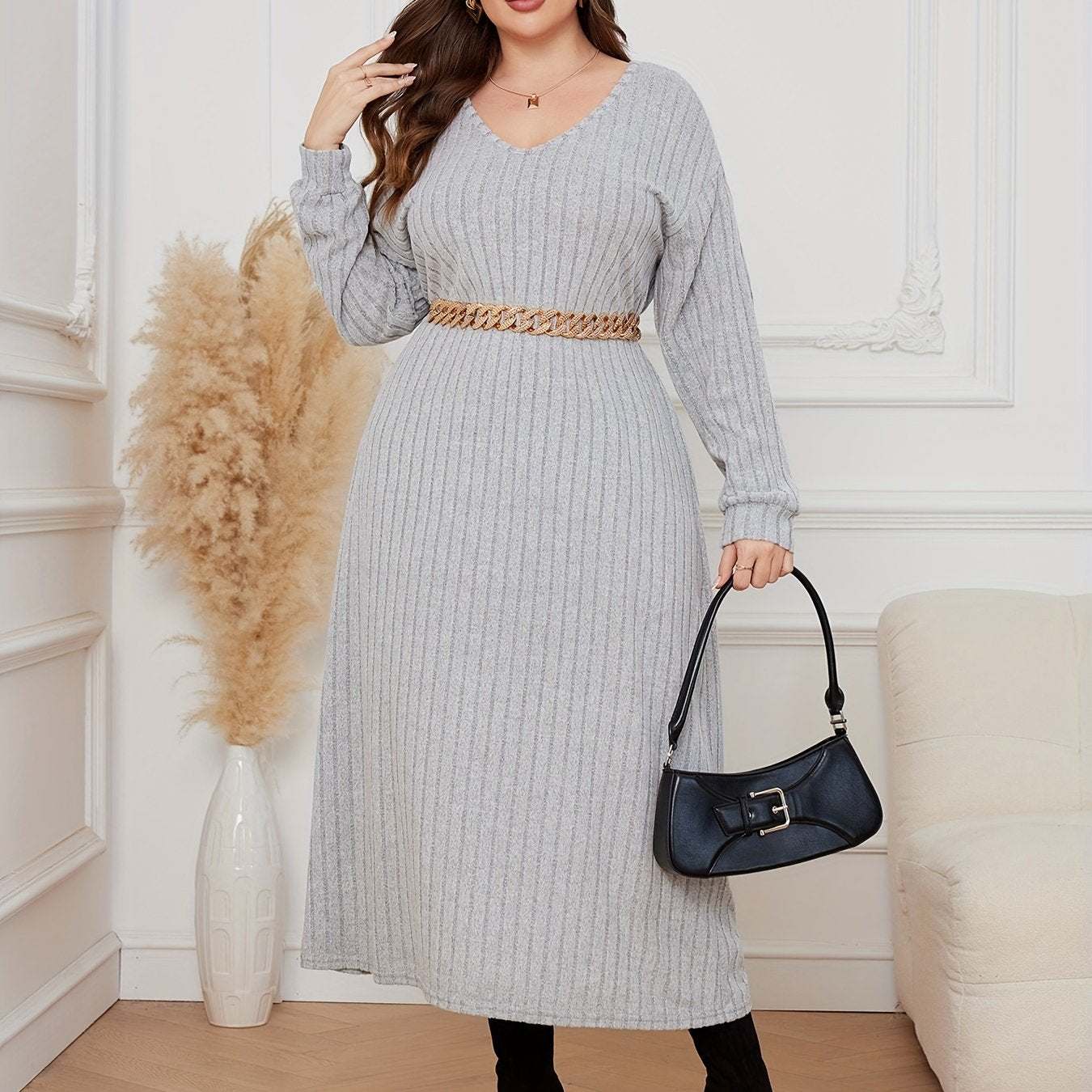 Antmvs Plus Size Casual Dress, Women's Plus Solid Ribbed Drop Shoulder Long Sleeve V Neck Midi Dress
