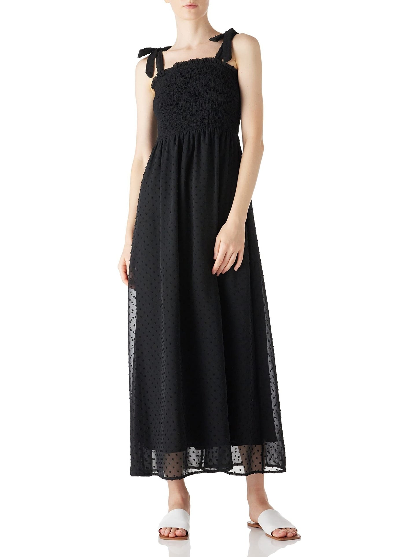 Antmvs Swiss Dot Tie Strap Shirred Dress, Elegant Backless Ruffle Trim Dress, Women's Clothing
