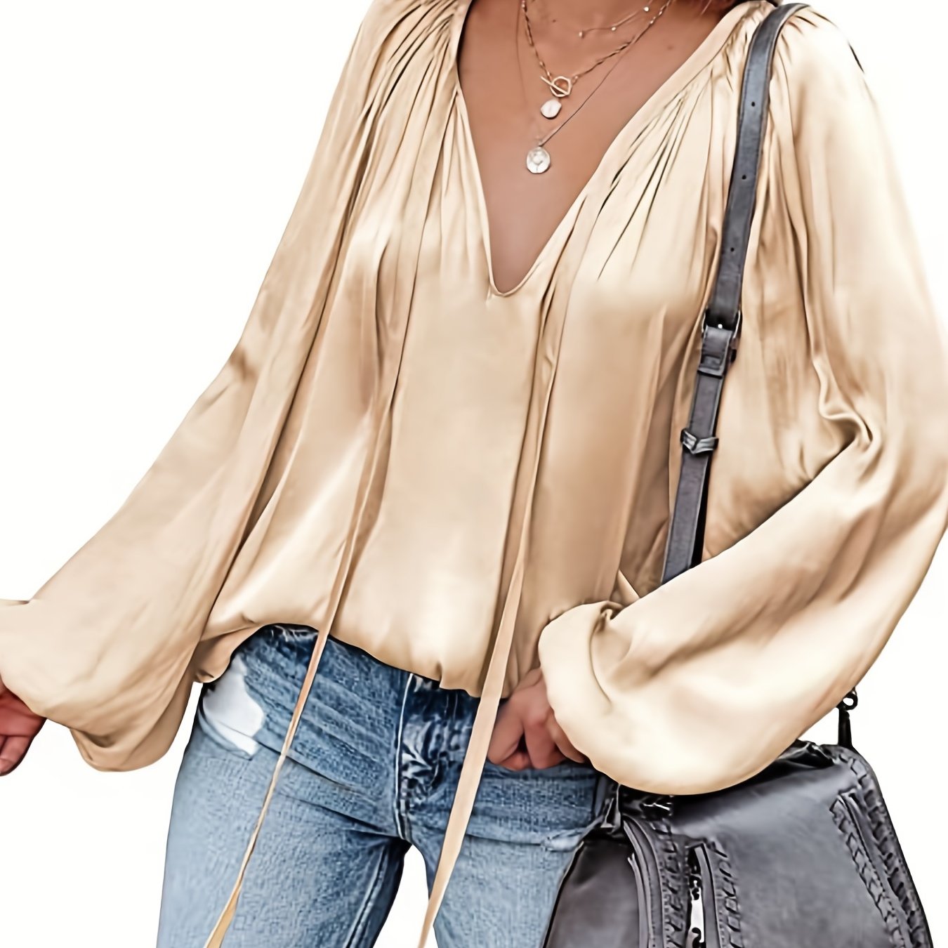 Antmvs Lantern Long Sleeve Satin Blouse, Elegant V Neck Tops For Spring & Summer, Women's Clothing