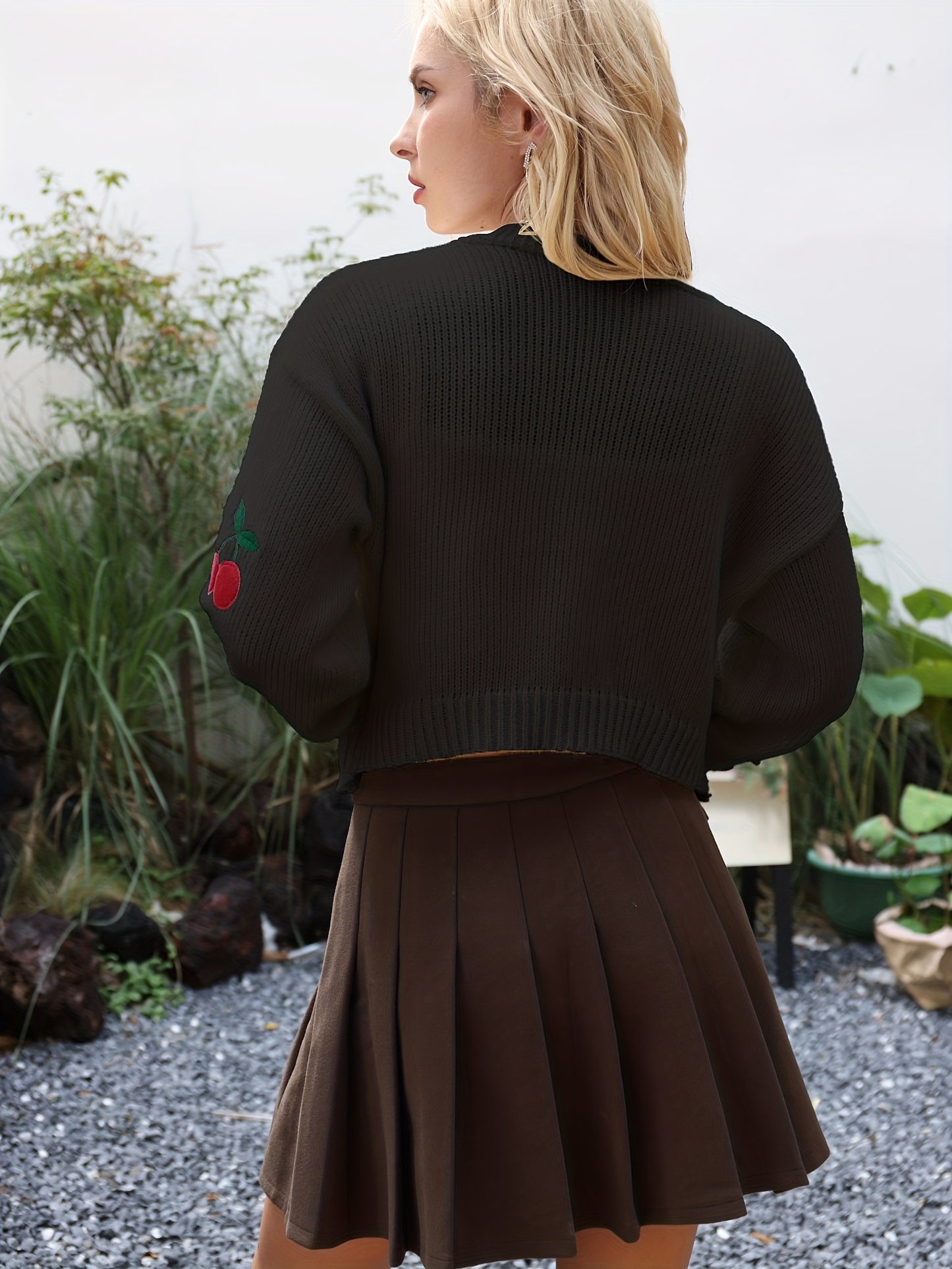 Antmvs Cherry Embroidered Knit Cardigan, Casual Open Front Long Sleeve Sweater, Women's Clothing