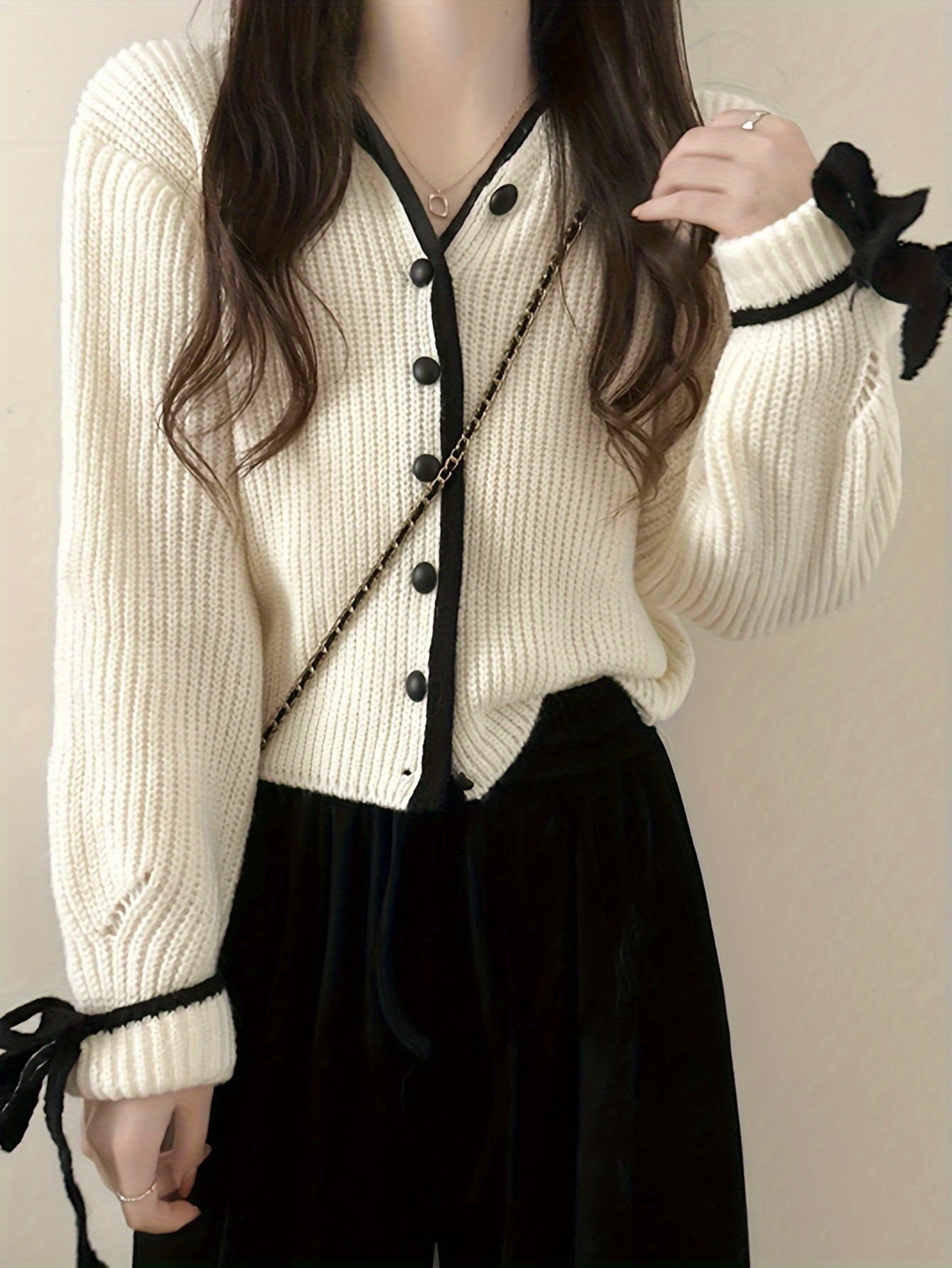 Antmvs Lace Up Button Down Knit Cardigan, Casual V Neck Long Sleeve Fashion Sweater, Women's Clothing