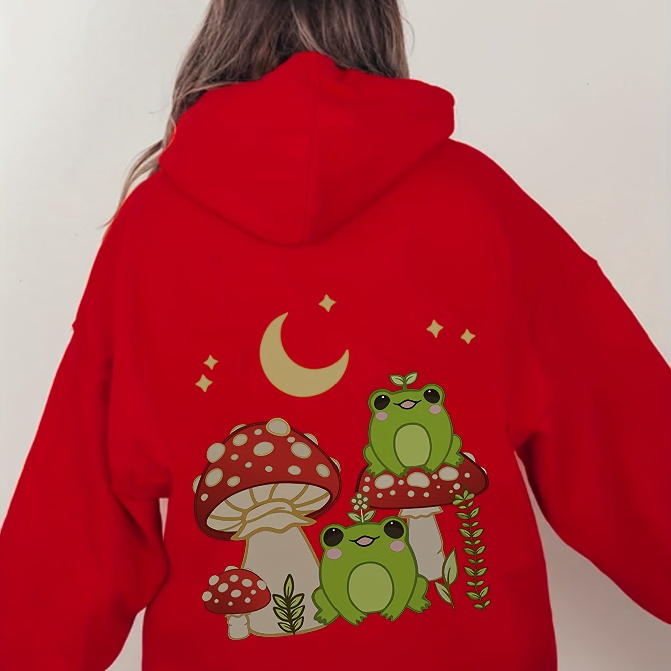 Antmvs Plus Size Casual Sweatshirt, Women's Plus Cute Frog & Mushroom Print Long Sleeve Drawstring Hooded Pullover Sweatshirt With Kangaroo Pockets, Casual Tops For Fall & Winter, Plus Size Women's Clothing
