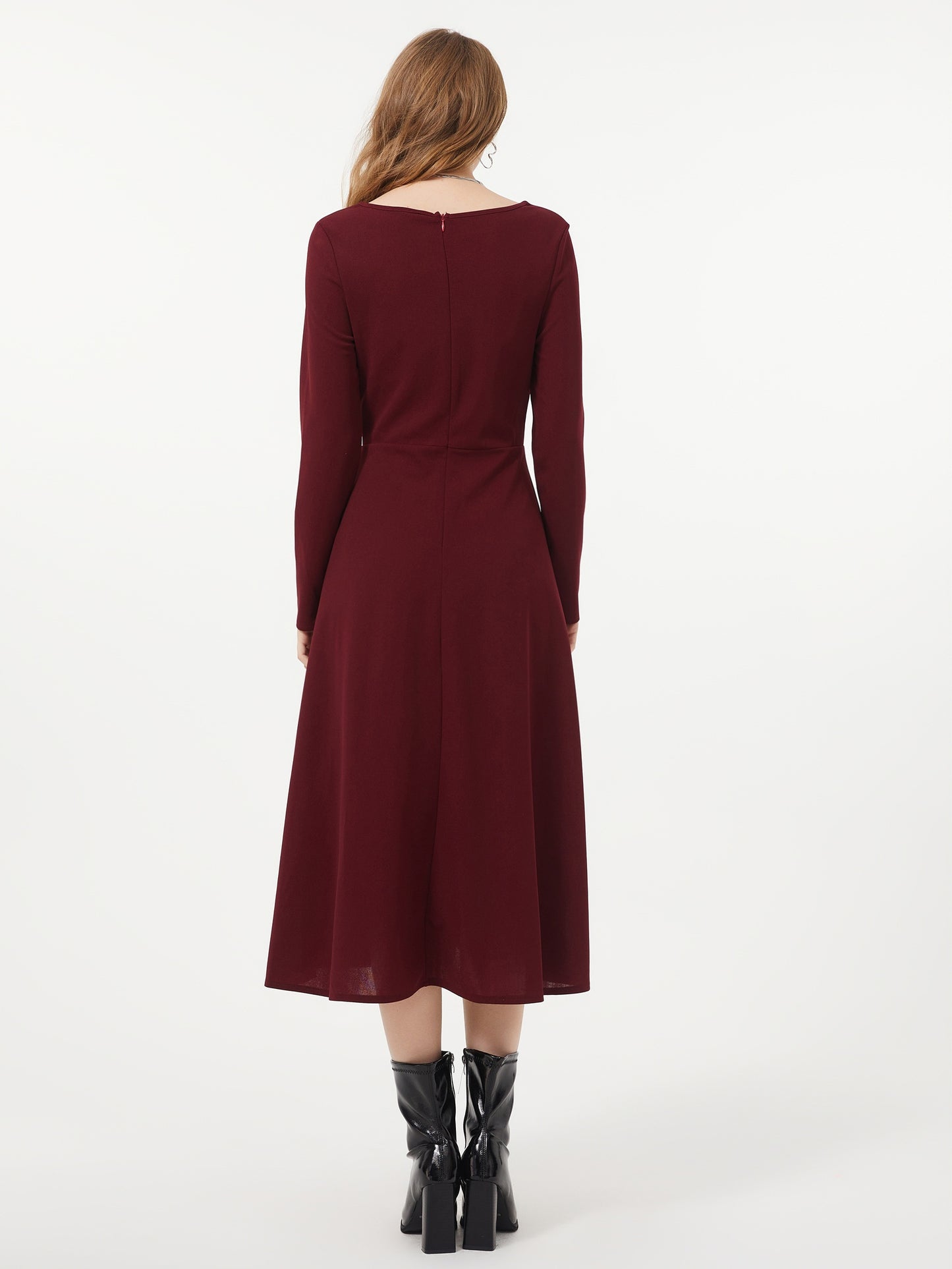 Antmvs Solid Color Crew Neck Dress, Elegant Long Sleeve Pleated Dress, Women's Clothing