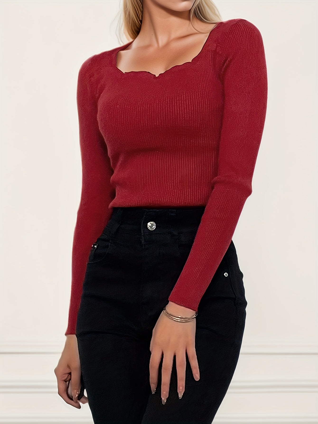 Antmvs Solid Inner Wear Slim Knitted Top, Elegant Long Sleeve Simple Sweater, Women's Clothing