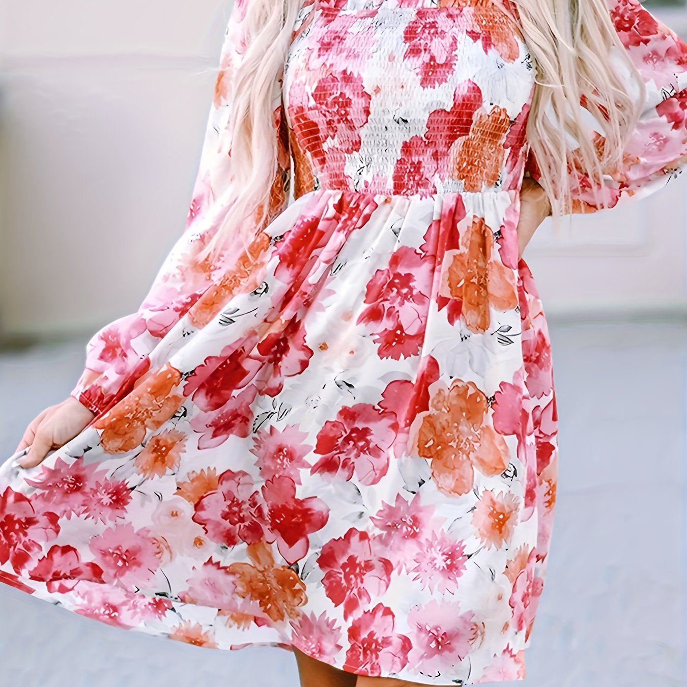 Antmvs Floral Print Shirred Dress, Elegant Long Sleeve Dress, Women's Clothing