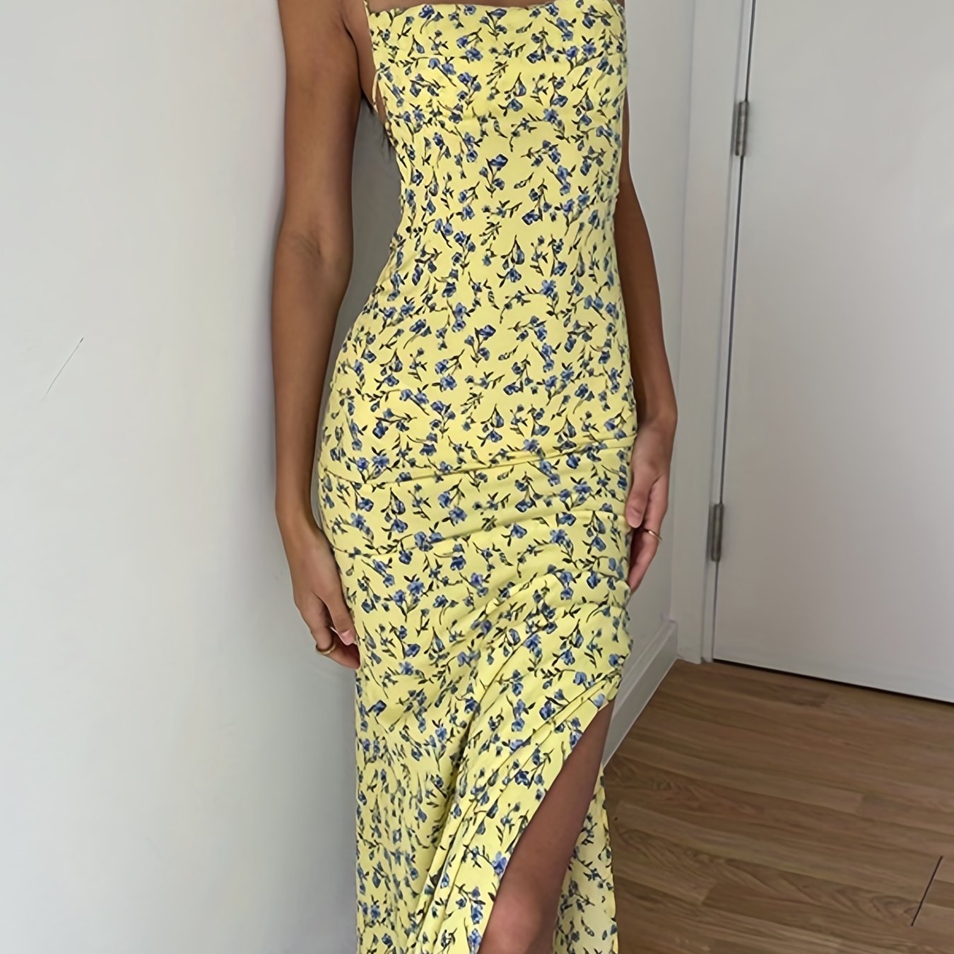 Antmvs Floral Print Split Halter Neck Dress, Sexy Backless Halter Dress For Spring & Summer, Women's Clothing