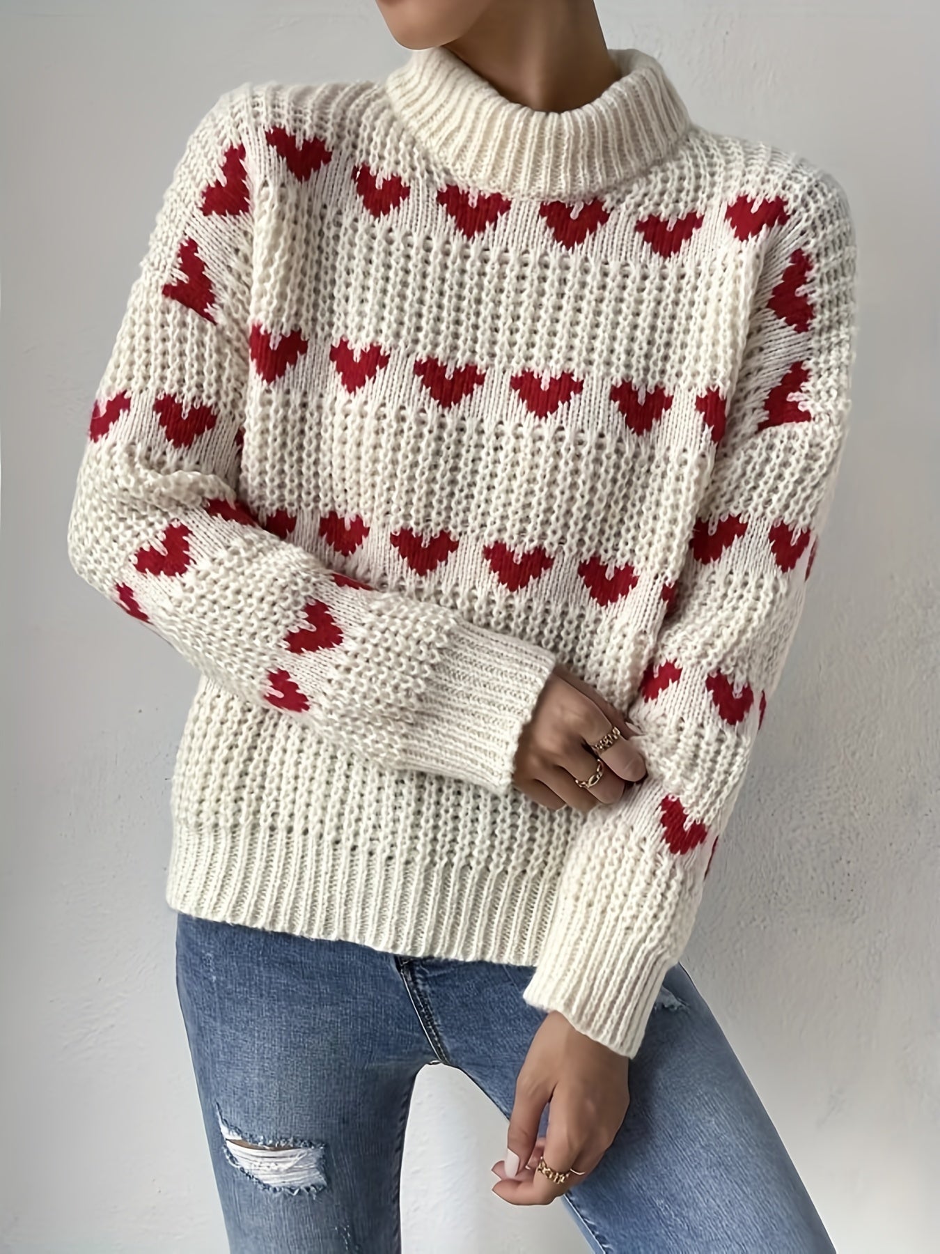 Antmvs Heart Pattern Turtle Neck Pullover Sweater, Casual Long Sleeve Sweater For Fall & Winter, Women's Clothing