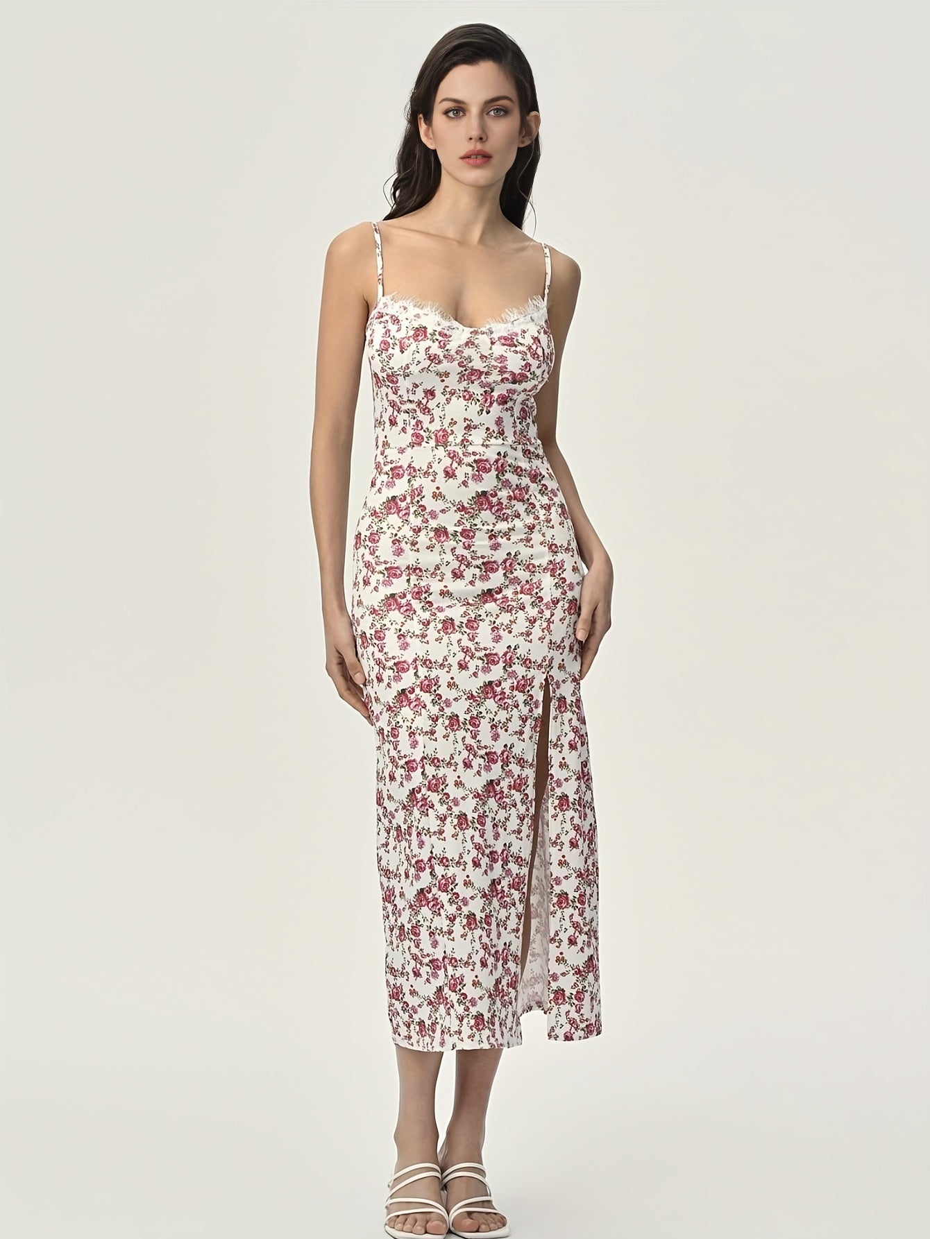 Antmvs Floral Print Spaghetti Dress, Sexy High Split Lace Trim Cami Dress For Spring & Summer, Women's Clothing