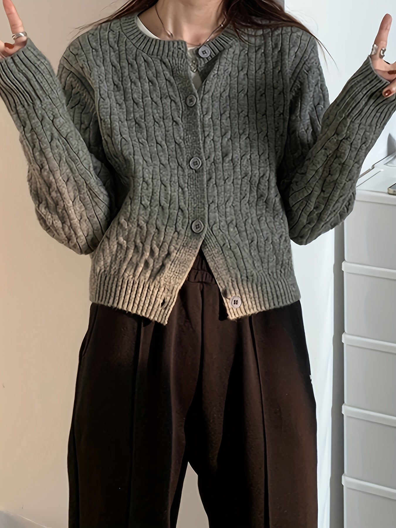 Antmvs Solid Button Up Cable Knit Cardigan, Elegant Crew Neck Long Sleeve Sweater For Spring & Fall, Women's Clothing