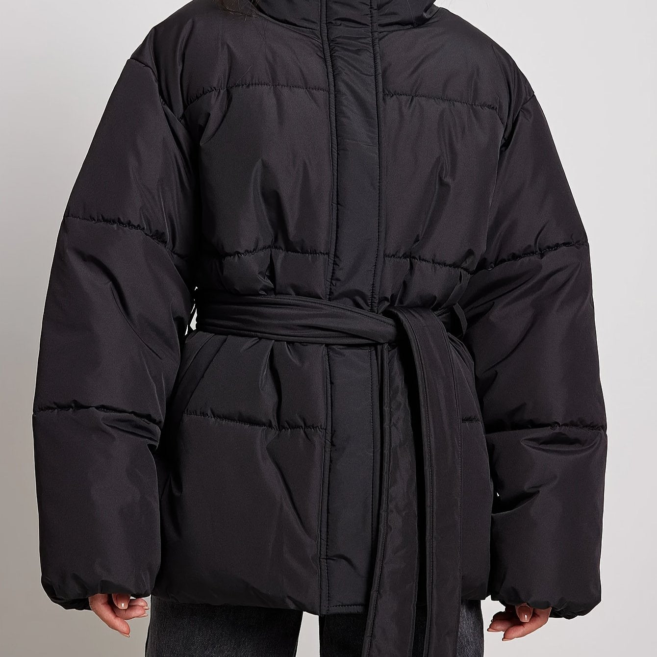 Antmvs Solid Zip & Button Front Coat, Casual Stand Collar Long Sleeve Winter Warm Outerwear, Women's Clothing