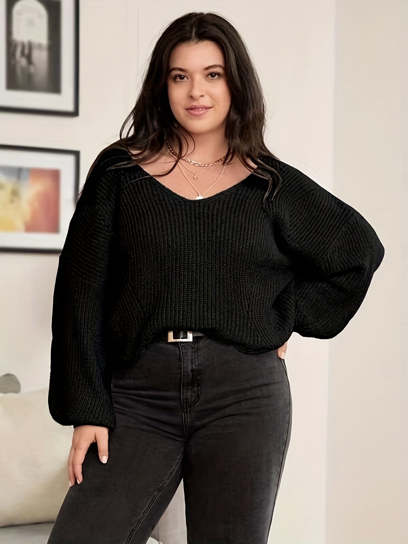 Antmvs Plus Size Casual Sweater, Women's Plus Plain Lantern Sleeve V Neck Slight Stretch Sweater