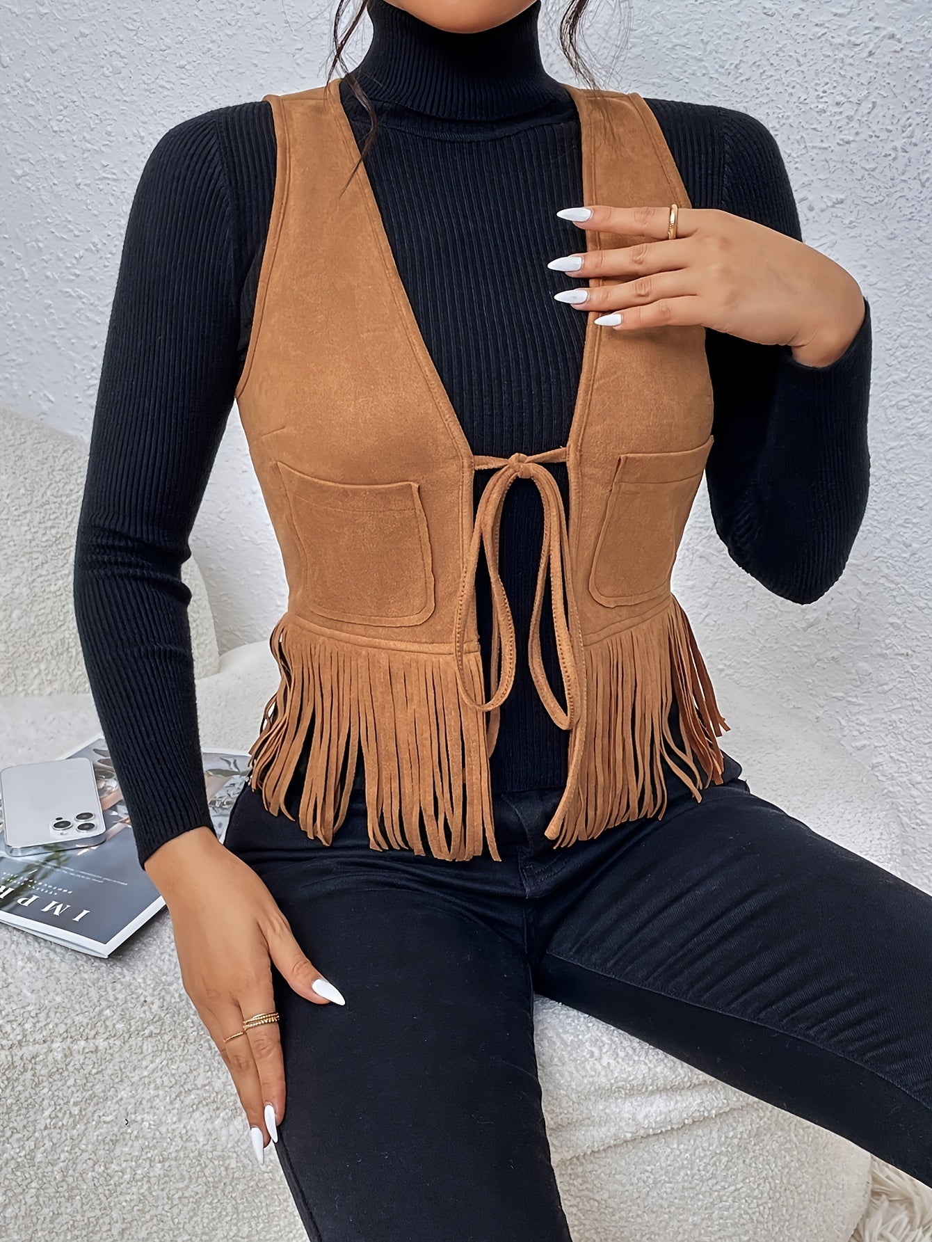 Antmvs Tassel Tie Front Solid Vest, Elegant Sleeveless Stylish Vest, Women's Clothing