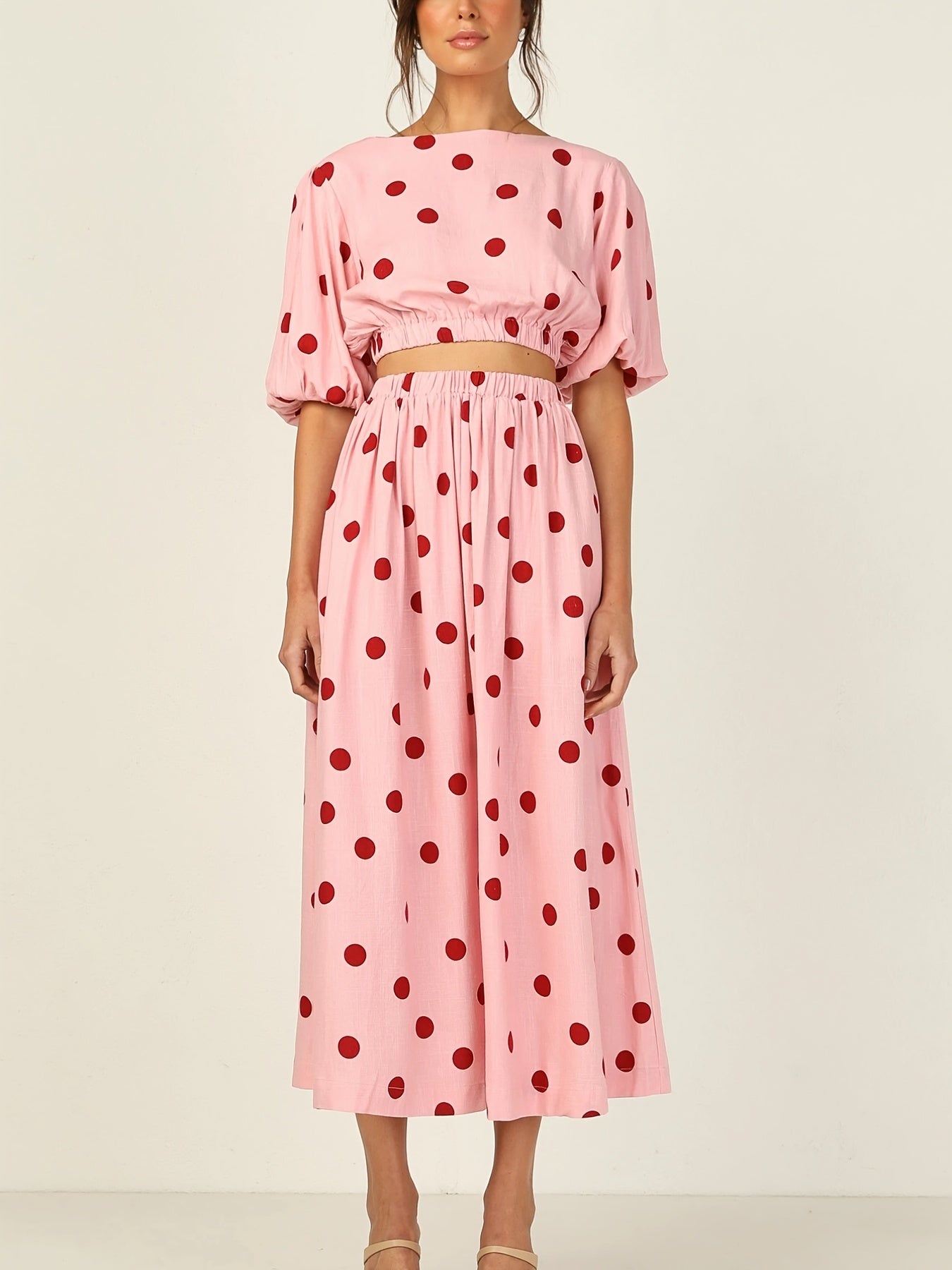 Antmvs Valentine's Day Sexy Pink Polka Dot Dresses Two-piece Set, Crew Neck Short Sleeve Tops & Long Skirt Set, Women's Clothing