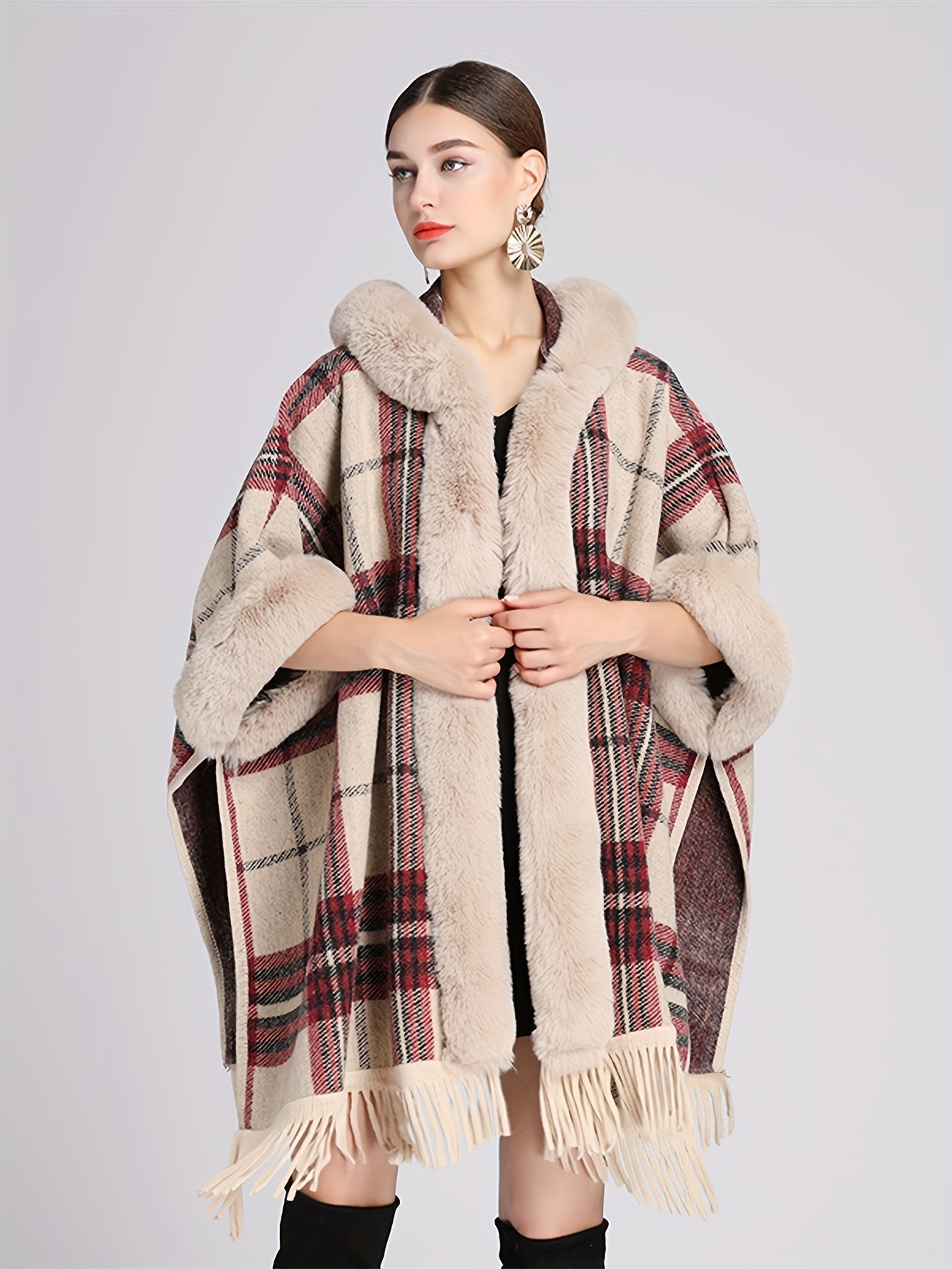 Antmvs Fuzzy Trim Plaid Cape Cardigan, Elegant Tassel Open Front Shawl Tops, Women's Clothing