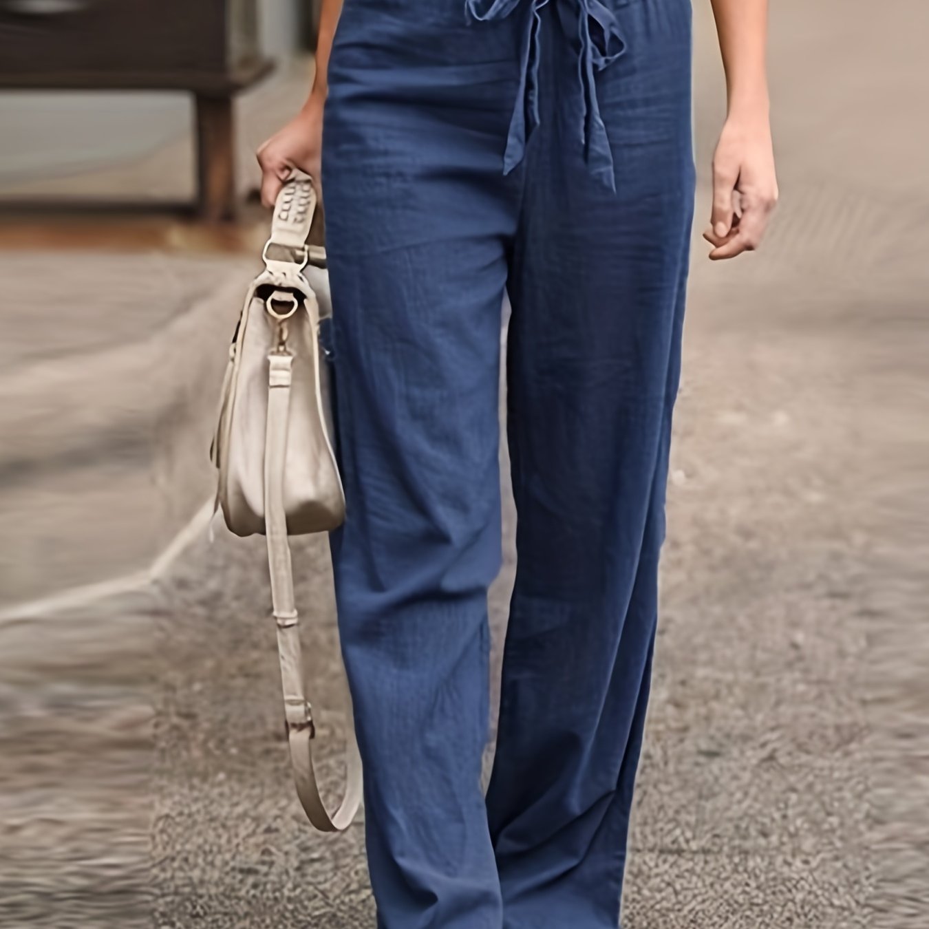 Antmvs Solid Tie Waist Pants, Casual High Waist Wide Leg Long Length Pants, Women's Clothing