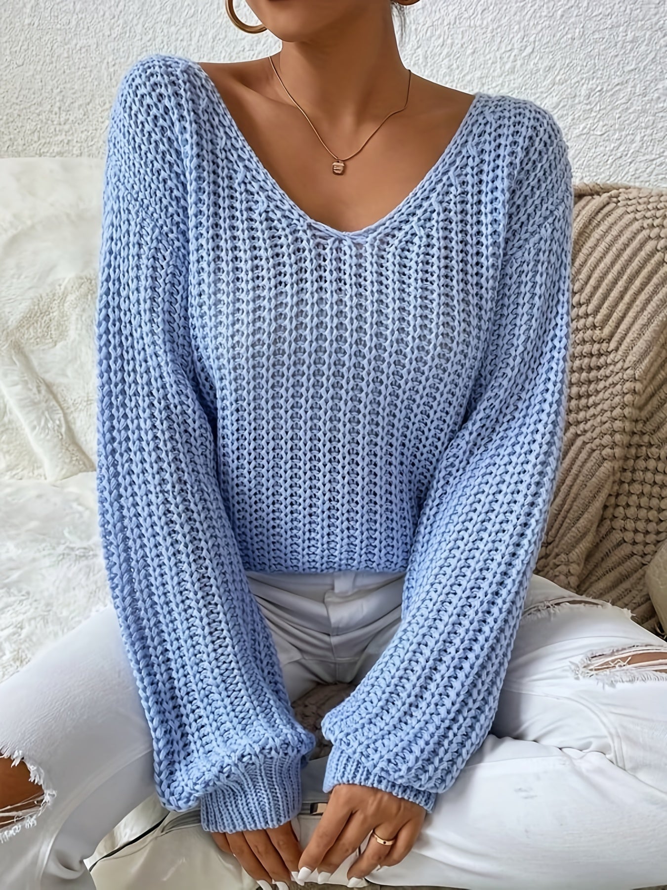 Antmvs V-neck Drop Shoulder Sweater, Casual Long Sleeve Sweater For Fall & Winter, Women's Clothing