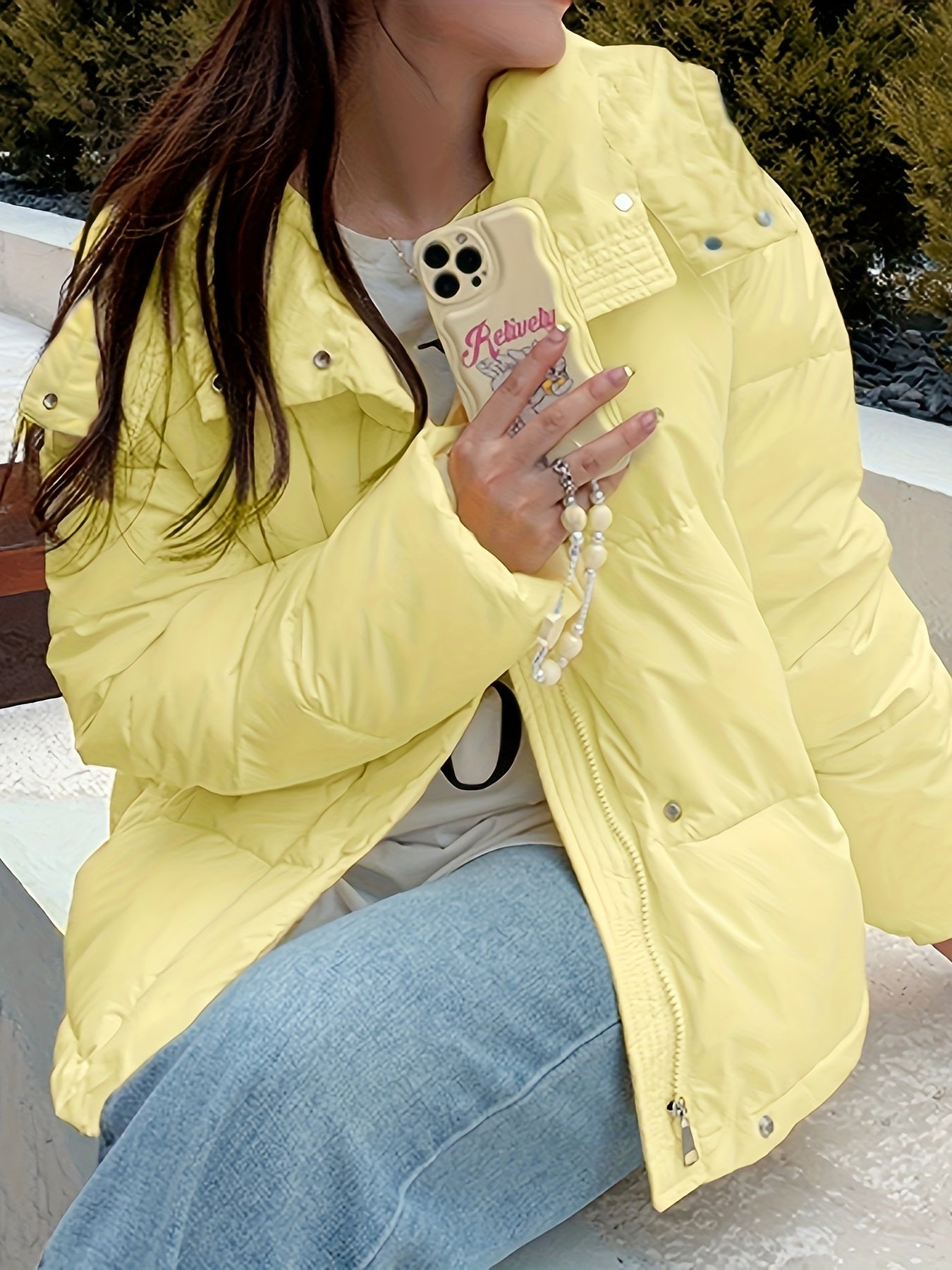 Antmvs Zip Up Hooded Warm Coat, Casual Solid Long Sleeve Winter Outerwear, Women's Clothing