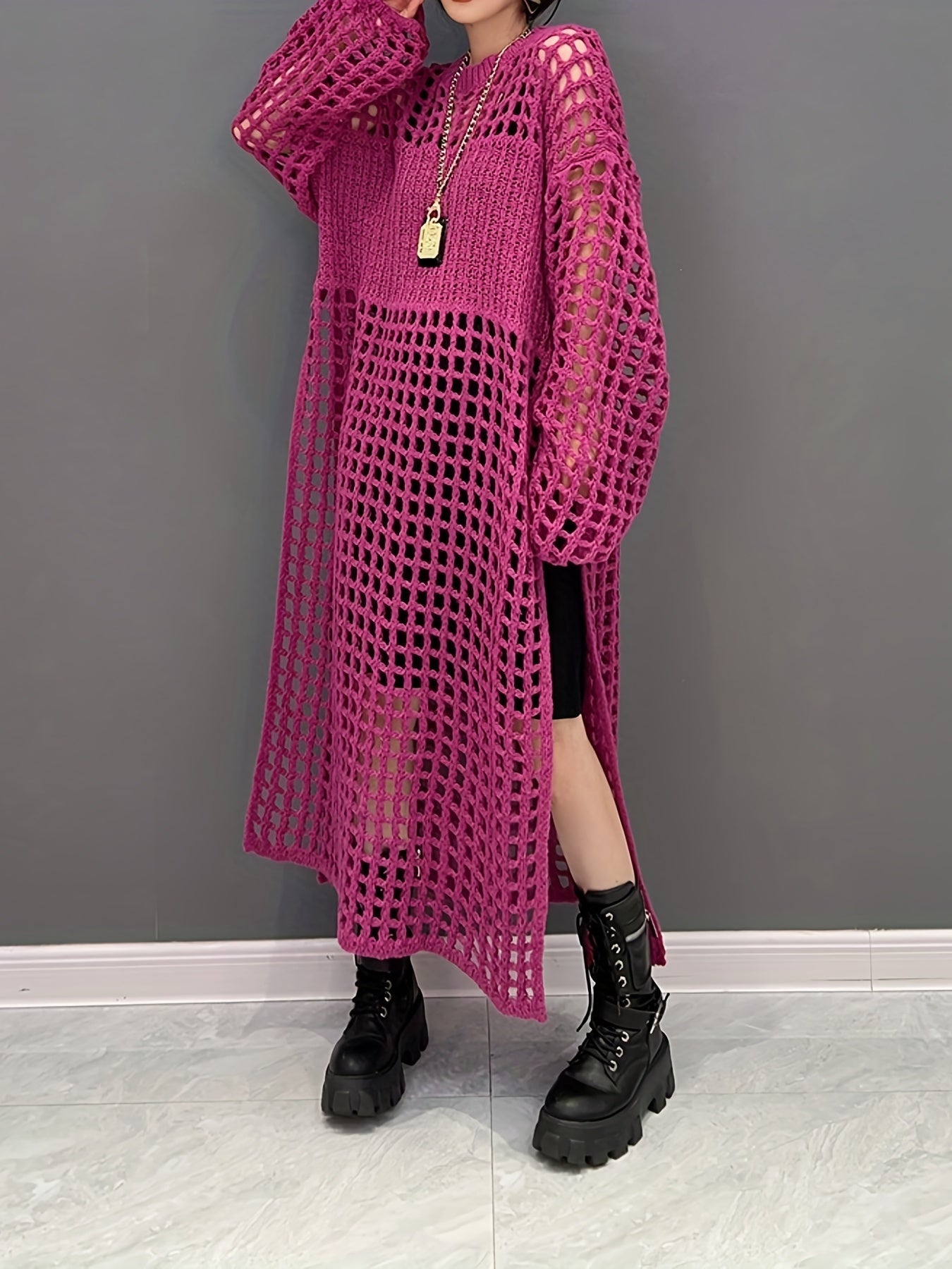 Antmvs Crochet Split Thigh Dress, Casual Solid Long Sleeve Maxi Dress, Women's Clothing