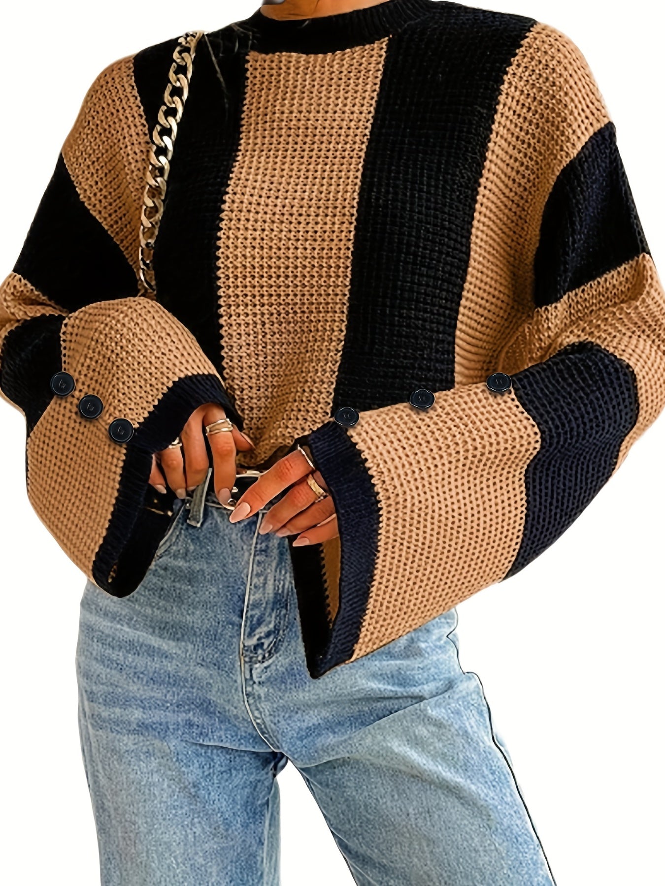 Antmvs Striped Flare Sleeve Pullover Sweater, Casual Button Decor Crew Neck Knitted Top, Women's Clothing