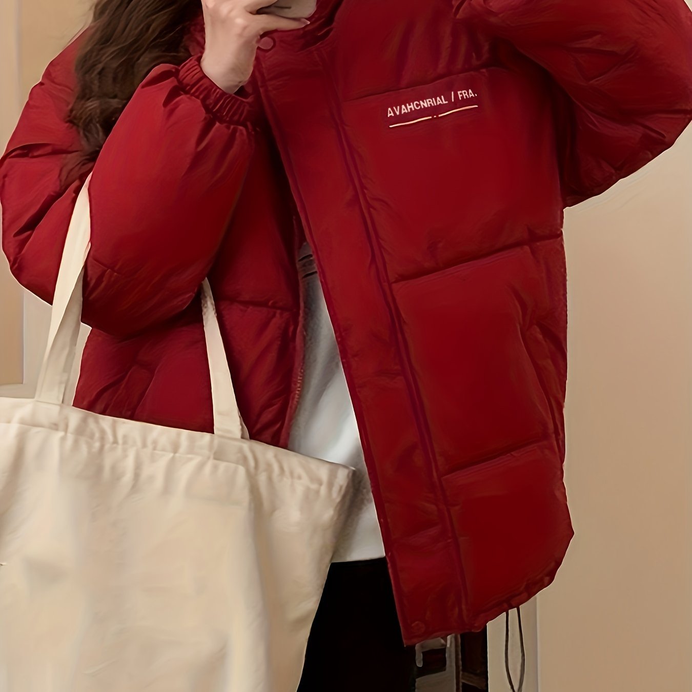 Antmvs Zip Up Letter Print Puffy Coat, Long Sleeve Slant Pockets Outwear For Winter, Women's Clothing