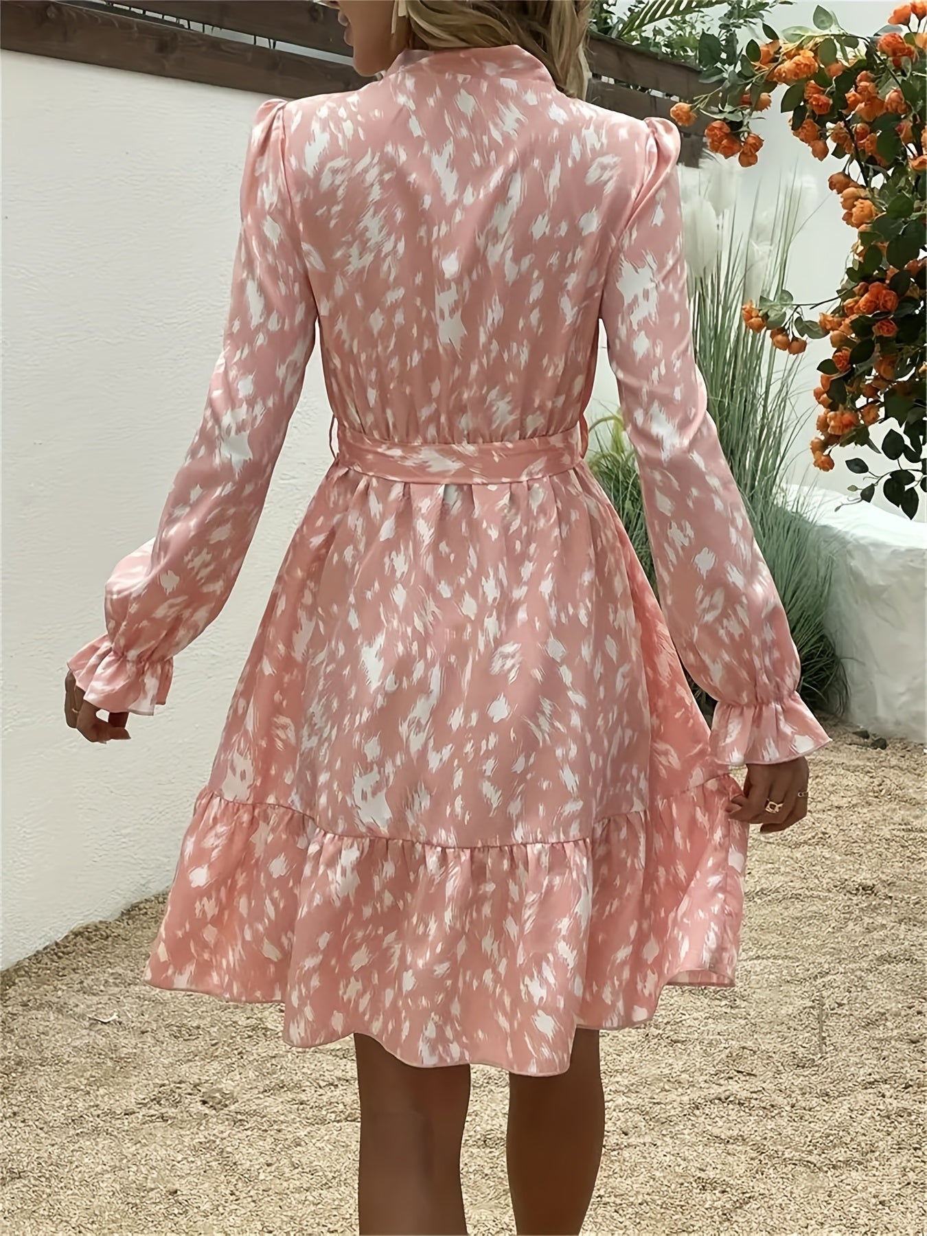 Antmvs Allover Print Tie Neck Dress, Boho Long Sleeve Ruffle Trim Dress, Women's Clothing