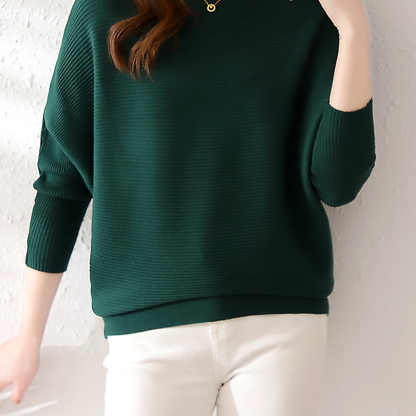 Antmvs Solid Batwing Sleeve Knit Sweater, Casual Boat Neck Sweater For Spring & Fall, Women's Clothing