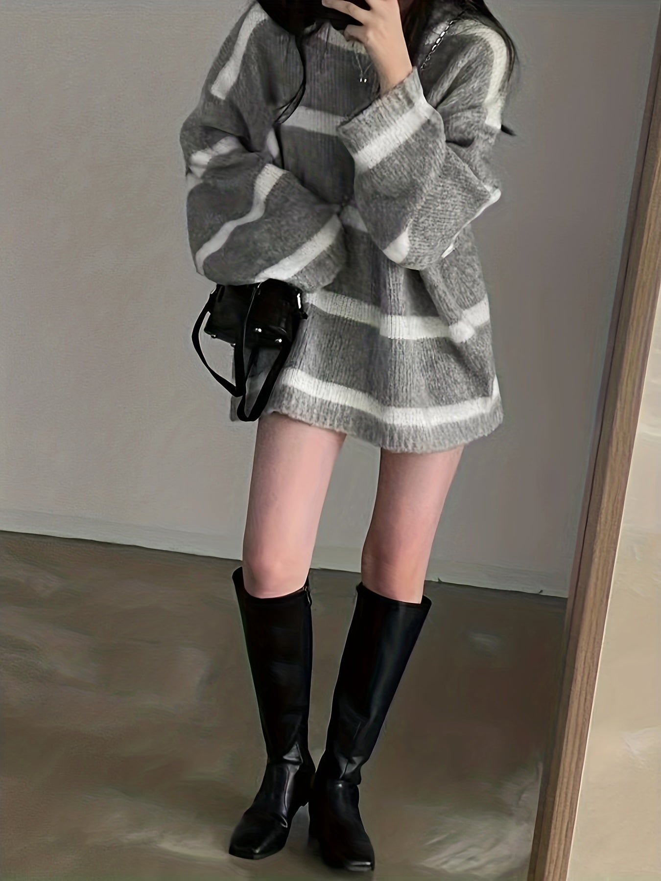 Antmvs Striped Crew Neck Pullover Sweater, Casual Long Sleeve Oversized Cozy Sweater, Women's Clothing