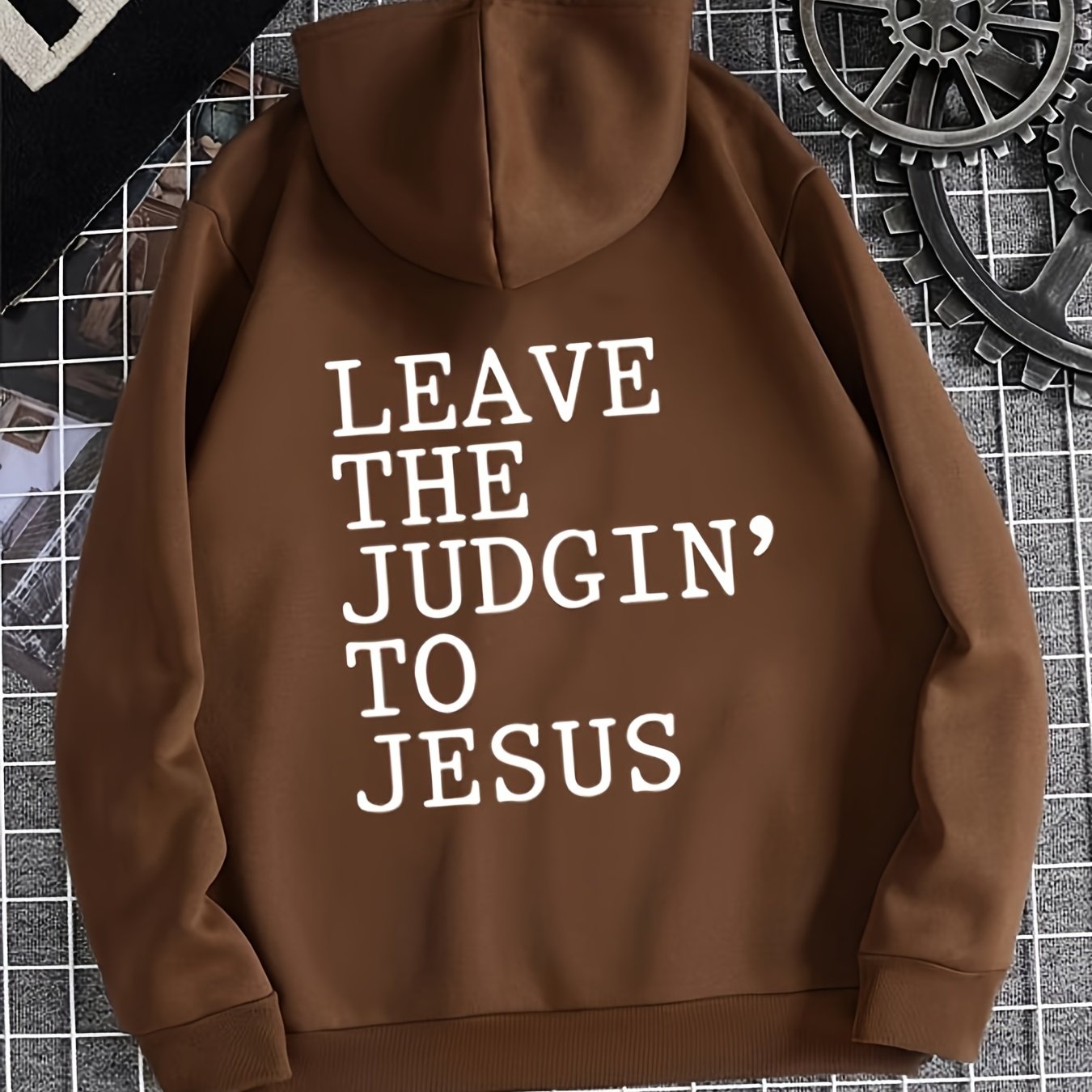 Antmvs Plus Size Casual Sweatshirt, Women's Plus Slogan Print Long Sleeve Drawstring Hooded Sweatshirt With Pockets