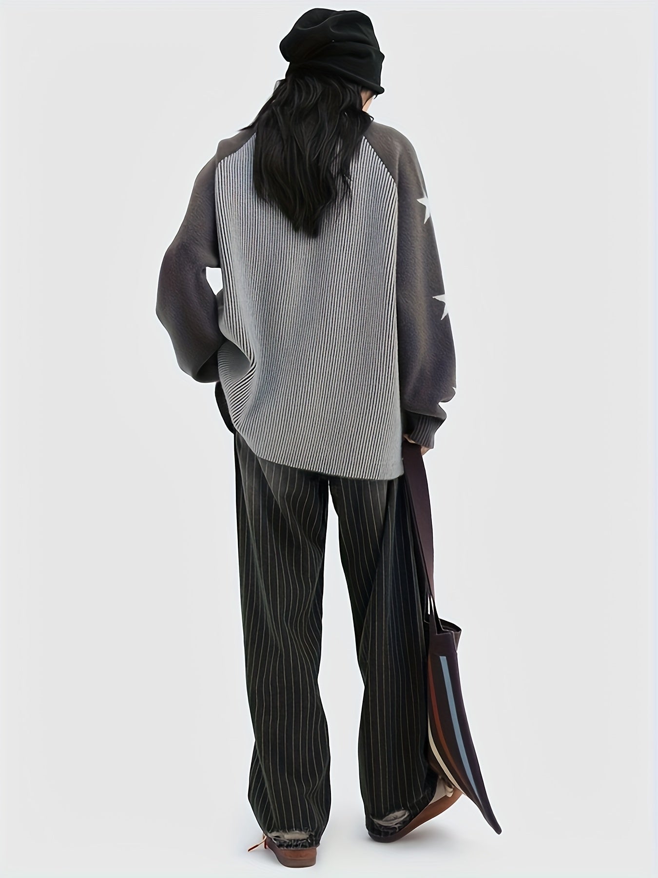 Antmvs Striped & Star Pattern Knit Cardigan, Vintage Zip Up Long Sleeve Preppy Sweater With Pocket, Women's Clothing