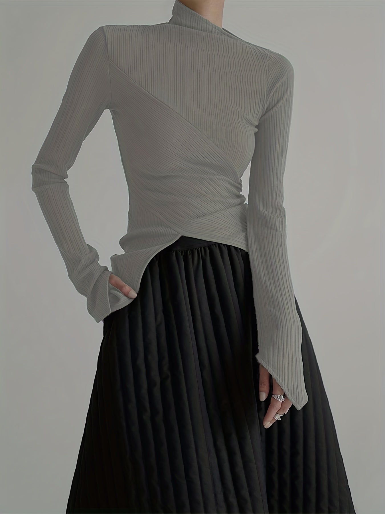 Antmvs Elegant Long Sleeve Basic T-Shirts, Solid Casual T-Shirts For Spring & Fall, Women's Clothing