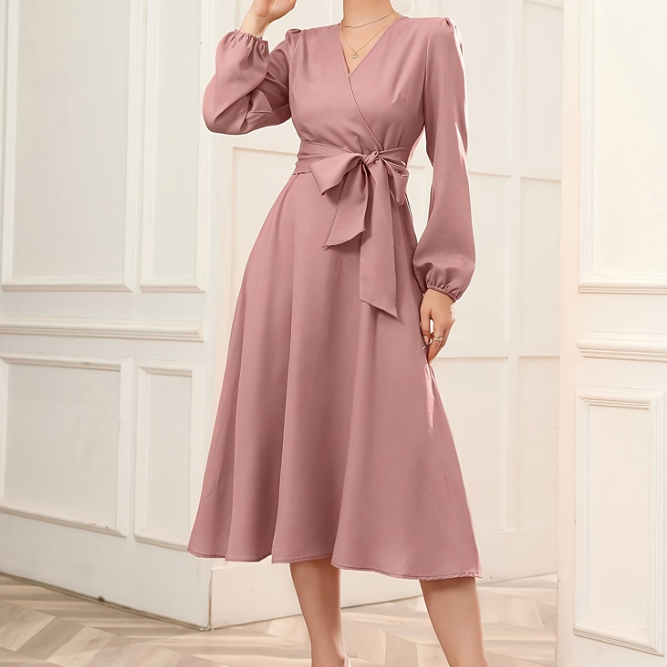 Antmvs Solid Surplice Neck Dress, Elegant Long Sleeve Belted Dress, Women's Clothing