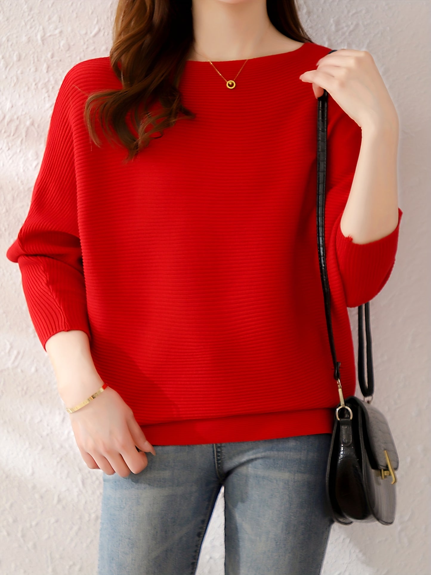 Antmvs Solid Batwing Sleeve Knit Sweater, Casual Boat Neck Sweater For Spring & Fall, Women's Clothing