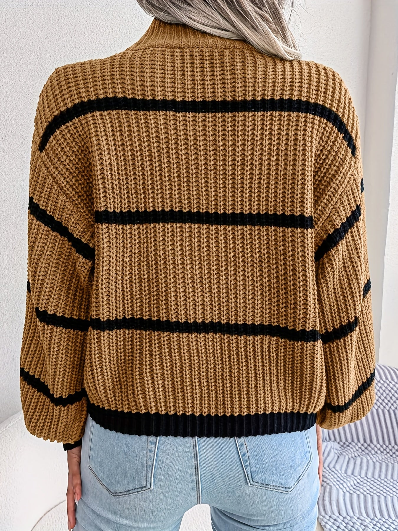 Antmvs Striped Color Block Crew Neck Sweater, Casual Long Sleeve Loose Fall Winter Knit Sweater, Women's Clothing