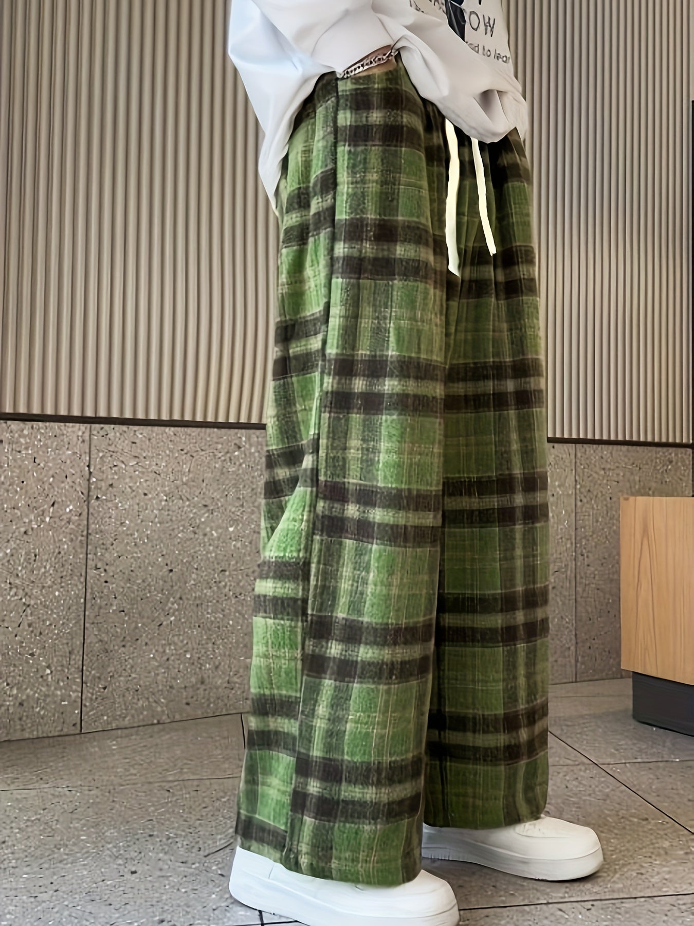 Antmvs Plaid Pattern Drawstring Pants, Vintage Wide Leg Pants For Spring & Fall, Women's Clothing