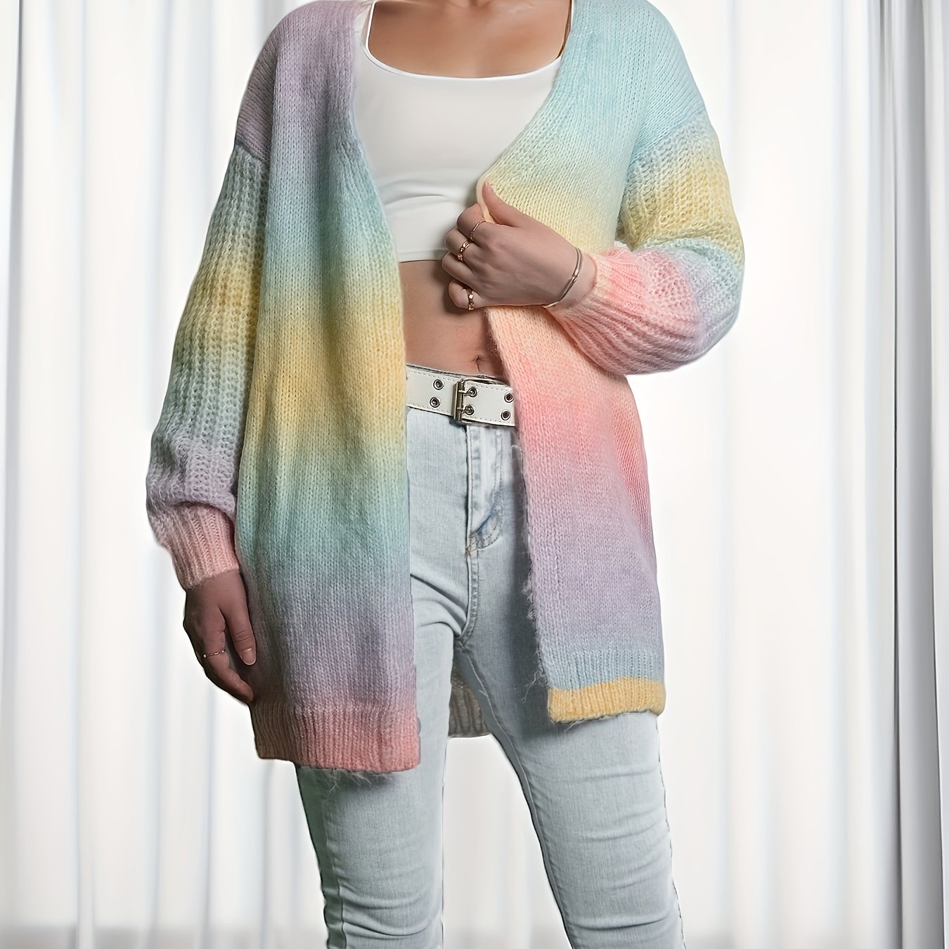 Antmvs Colorful Gradient Knit Cardigan, Casual Open Front Long Sleeve Sweater, Women's Clothing