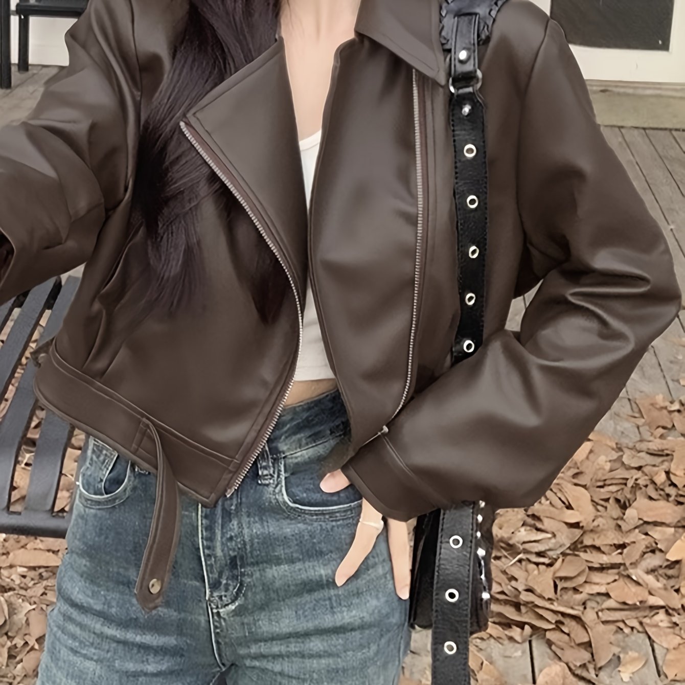 Antmvs Faux Leather Zip-up Jacket, Casual Long Sleeve Crop Biker Jacket For Fall & Winter, Women's Clothing