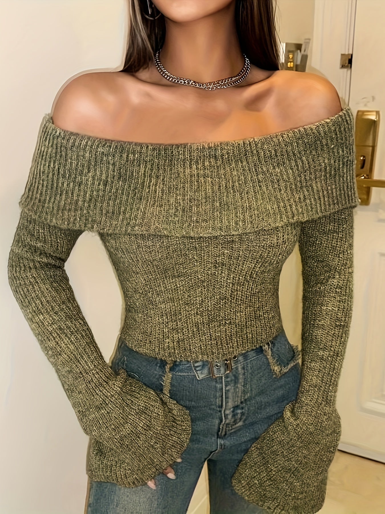 Antmvs Y2K Solid Off Shoulder Knitted Top, Bell Sleeve Crop Sweater For Spring & Fall, Women's Clothing