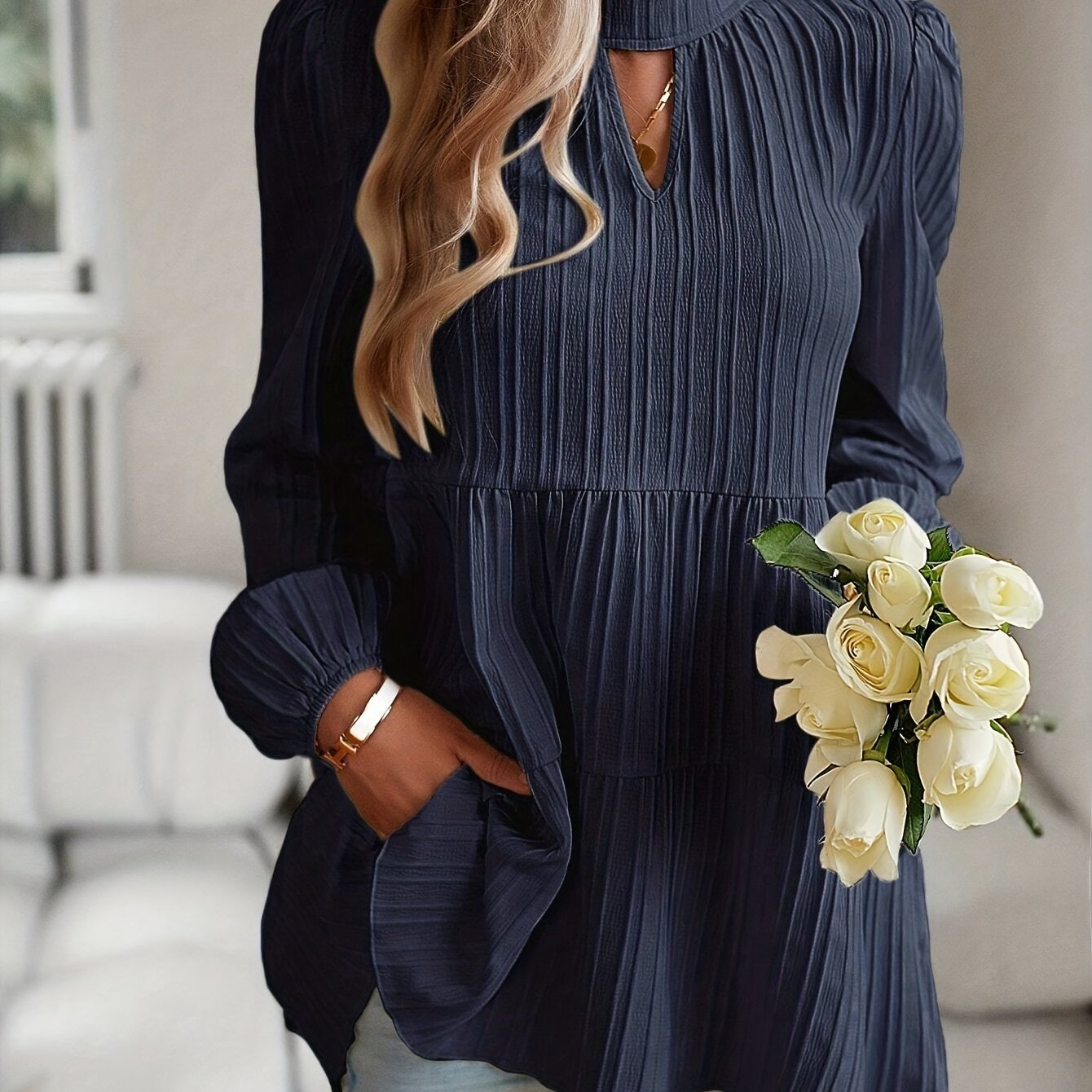 Antmvs Textured Keyhole Blouse, Elegant Mock Neck Long Sleeve Blouse, Women's Clothing